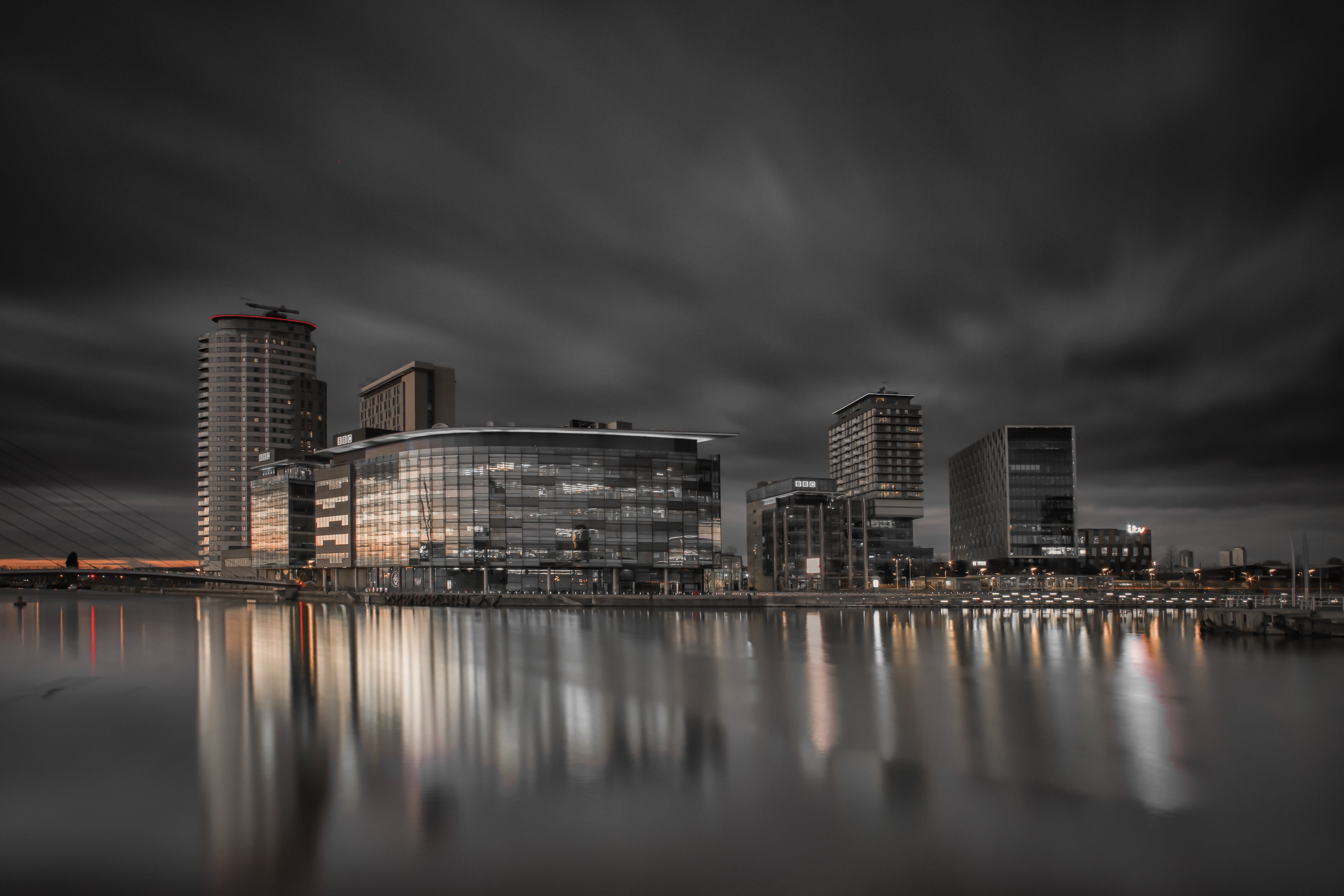 cityscape, samsung, black, water, near, skies, towns, salford, uk, building, architecture, built Structure, night, body, river, curtain wall, 5K, curtain, HD Wallpaper