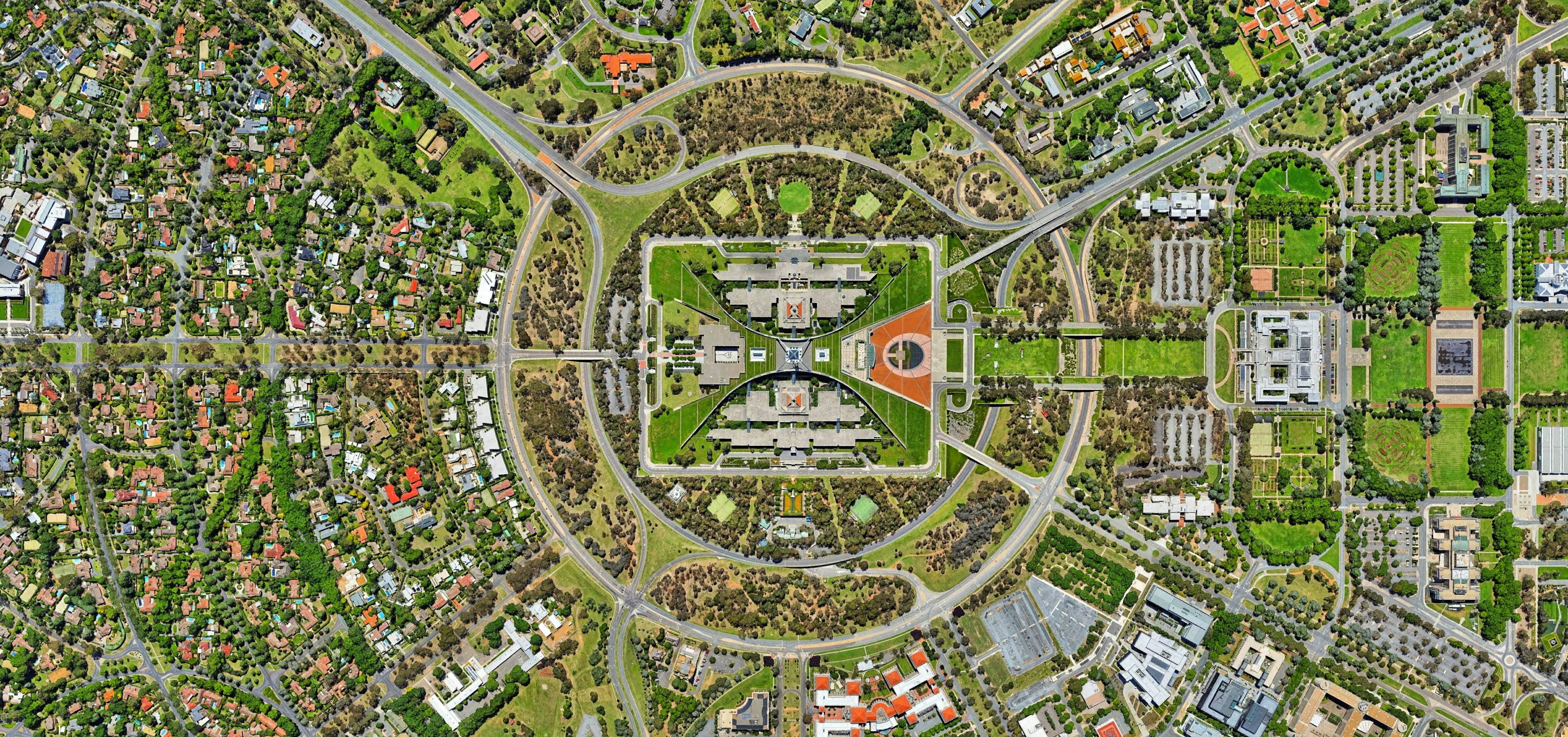 roads, building exterior, 4K, pattern, abstract, plant, creativity, metal, bird eye view, landscape, aerial, close-up, nature, buildings, circle, green color, HD Wallpaper