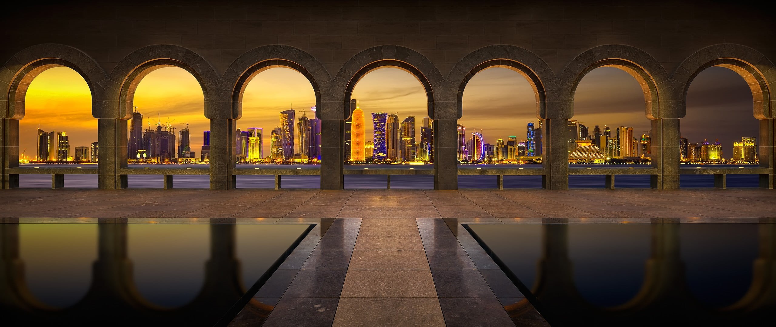 outdoors, skyscraper, no people, cityscape, stone arch, power, sky, black, urban skyline, building, Doha, 2K, government, reflection, red, built structure, HD Wallpaper