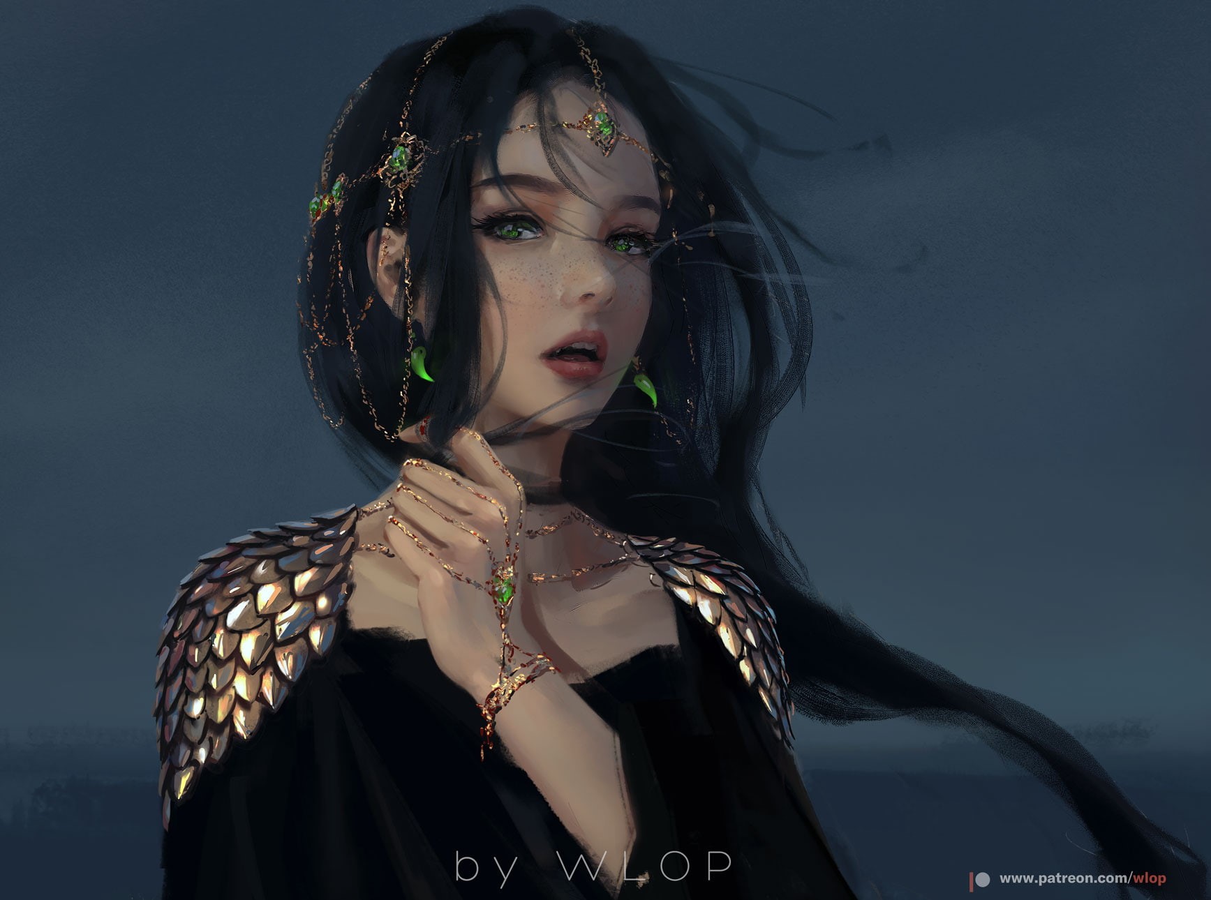 green eyes, women, 720P, open mouth, artwork, anime girls, WLOP, HD Wallpaper