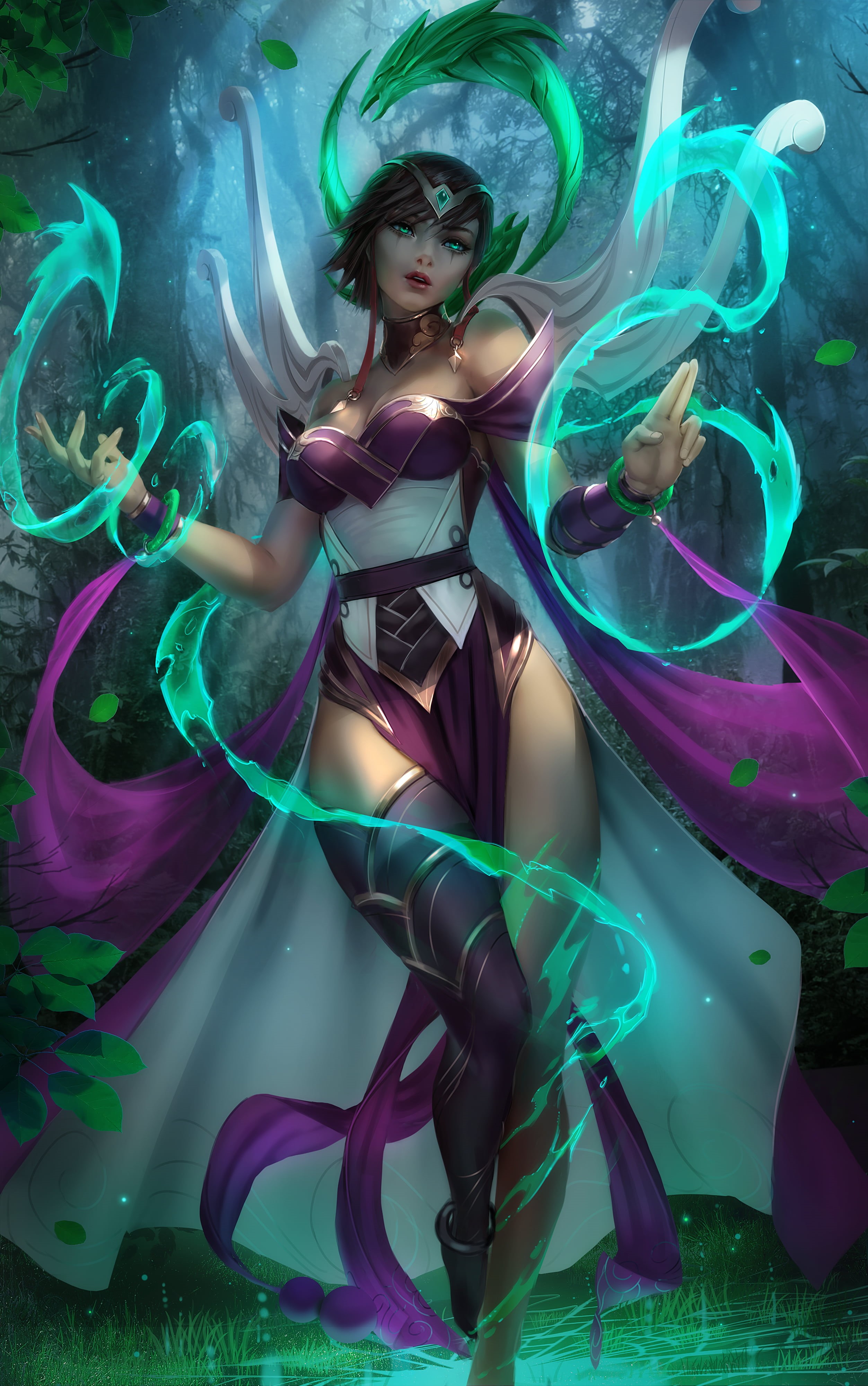 short hair, vertical, portrait display, video game girls, fan art, video games, tiaras, Karma (League of Legends), bare shoulders, artwork, fantasy art, Phone HD Wallpaper