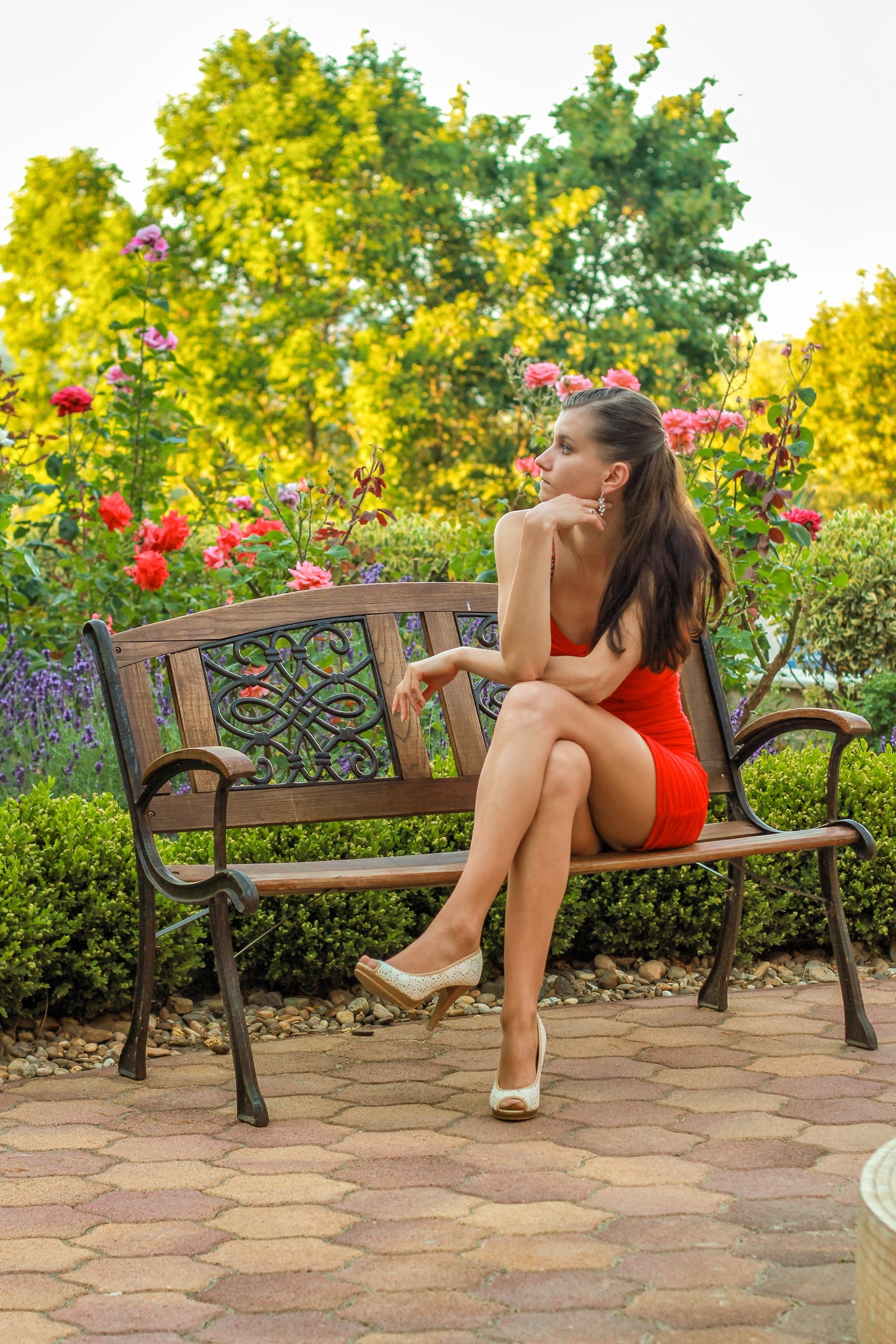 outdoors, caucasian Ethnicity, park - Man Made Space, one person, summer, mini, seat, park bench, dress, fashion, flowers, beauty, chair, young woman, sitting, Phone HD Wallpaper