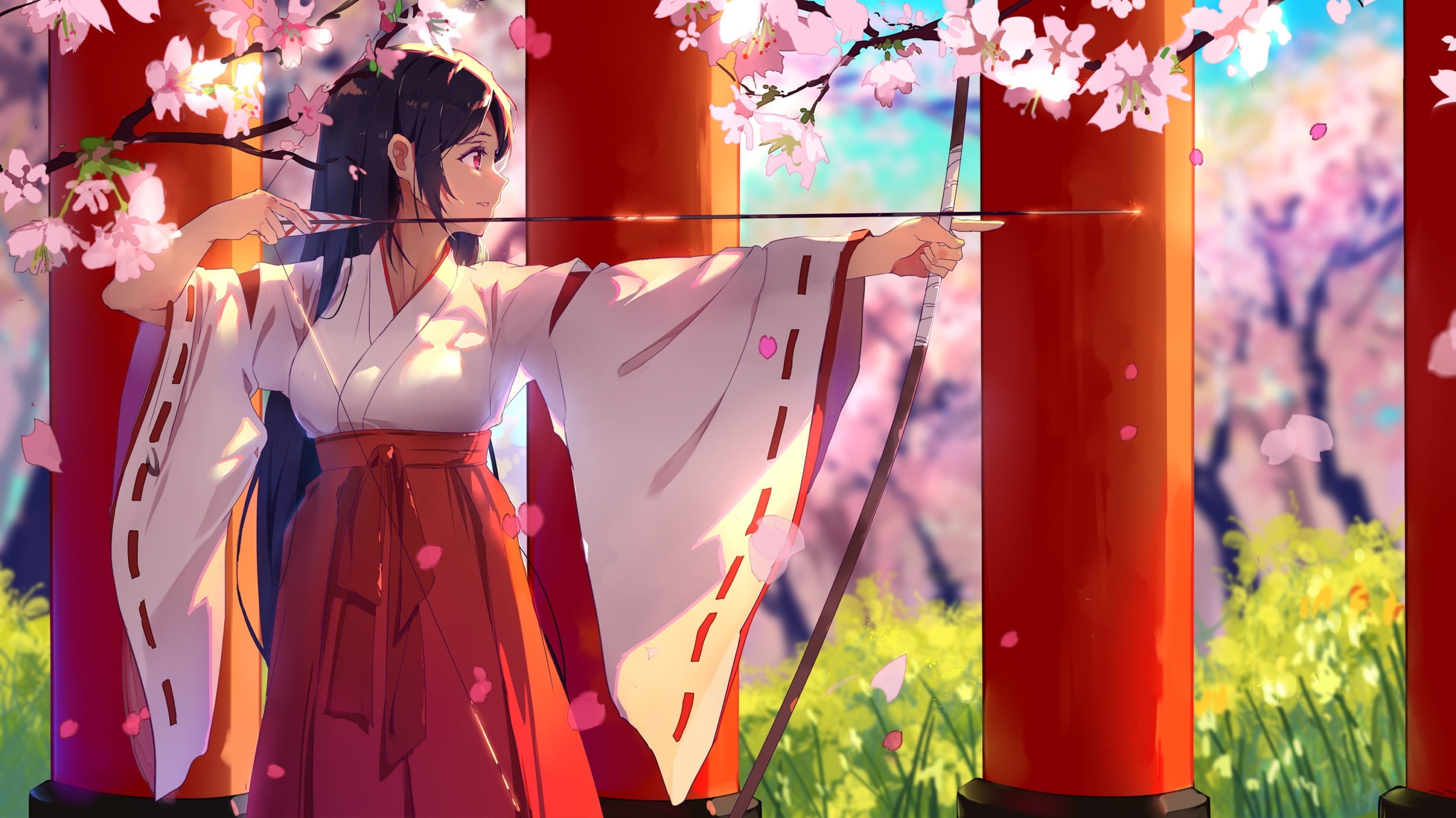 outdoors, hanging, anime girls, bow, red eyes, plant, clothing, architecture, sunlight, decoration, focus on foreground, orange color, multi colored, Arrow, HD Wallpaper
