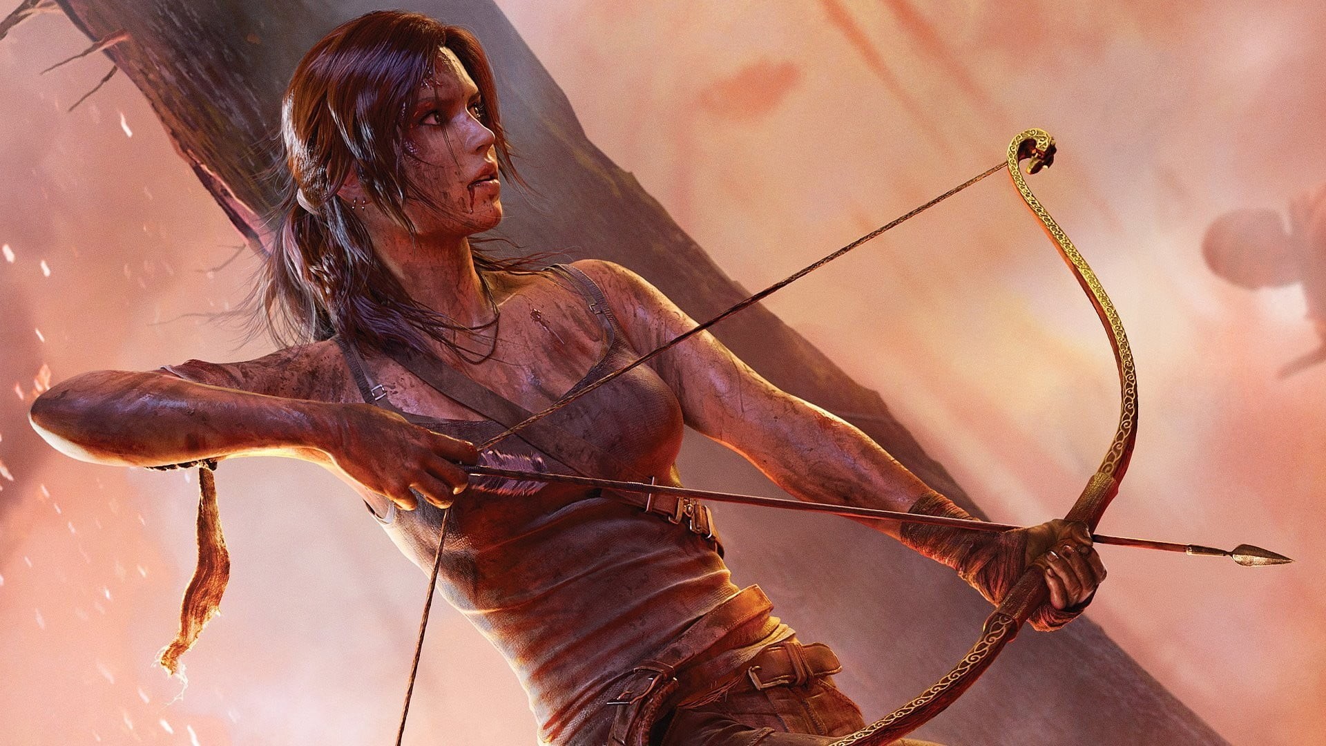 Tomb Raider, holding, hairstyle, sport, one person, long hair, young adult, side view, 1080P, brown, females, lifestyles, brown hair, s, waist up, day, HD Wallpaper