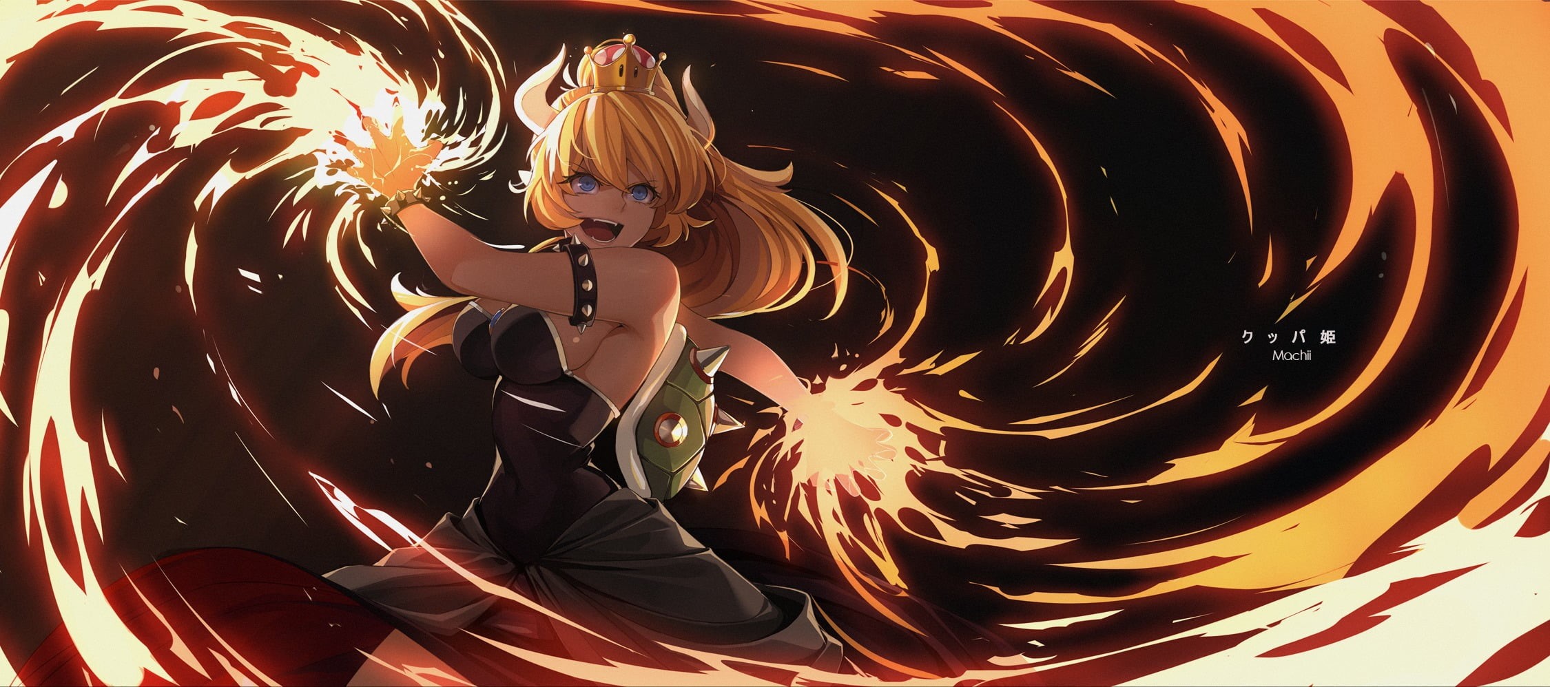 motion, crown, fire, blue eyes, young women, sideboob, adult, beauty, one person, hair, magic, fashion, open mouth, Nintendo, horns, black background, women, HD Wallpaper