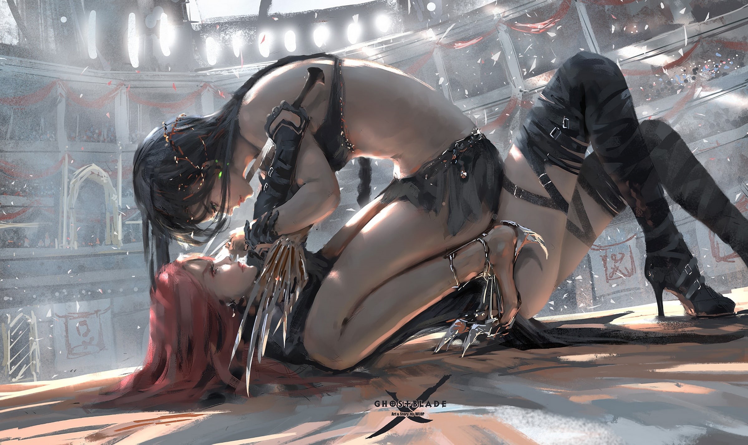art, 1080P, girls, Aeolian vs. Lenia, Wlop, Ghost blade, arena, HD Wallpaper