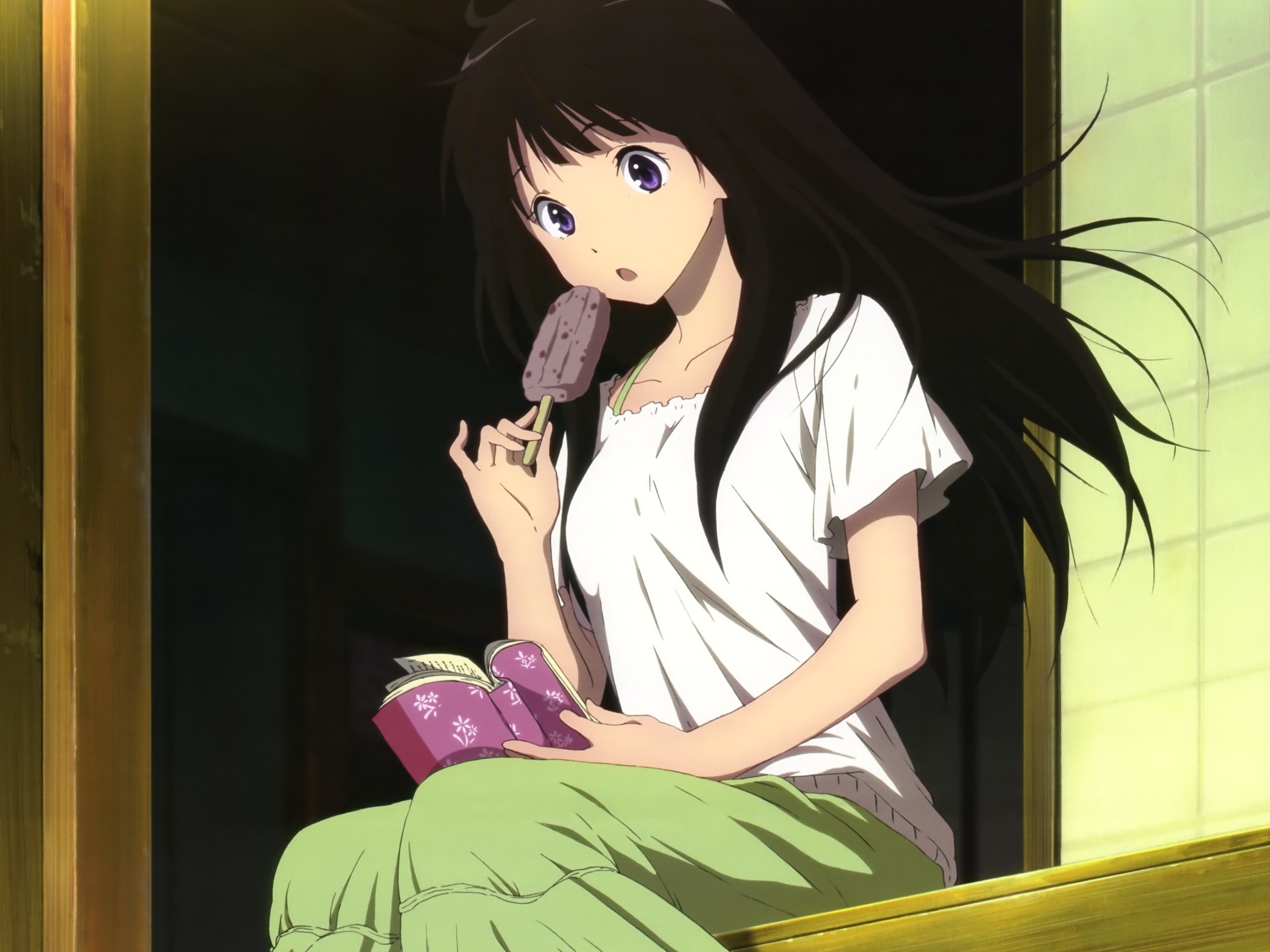 obscured face, cute, disguise, hyouka, brunette, human Face, 2K, asian Ethnicity, casual clothing, japanese Culture, three quarter length, popsicle, one Person, HD Wallpaper