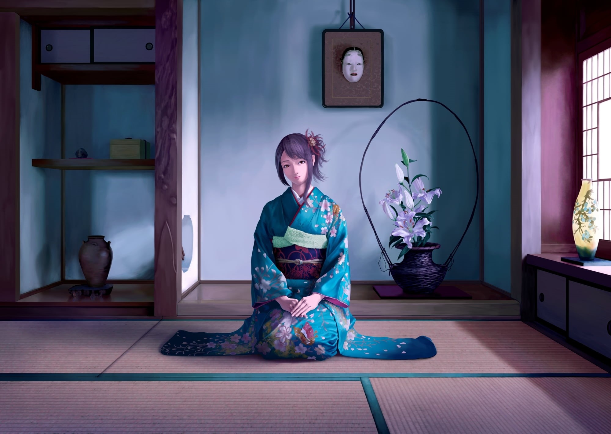 japanese Ethnicity, people, room, lifestyles, flooring, 1080P, women, girl, hairstyle, young Women, portrait, japanese Culture, yukata, anime, kimono, HD Wallpaper