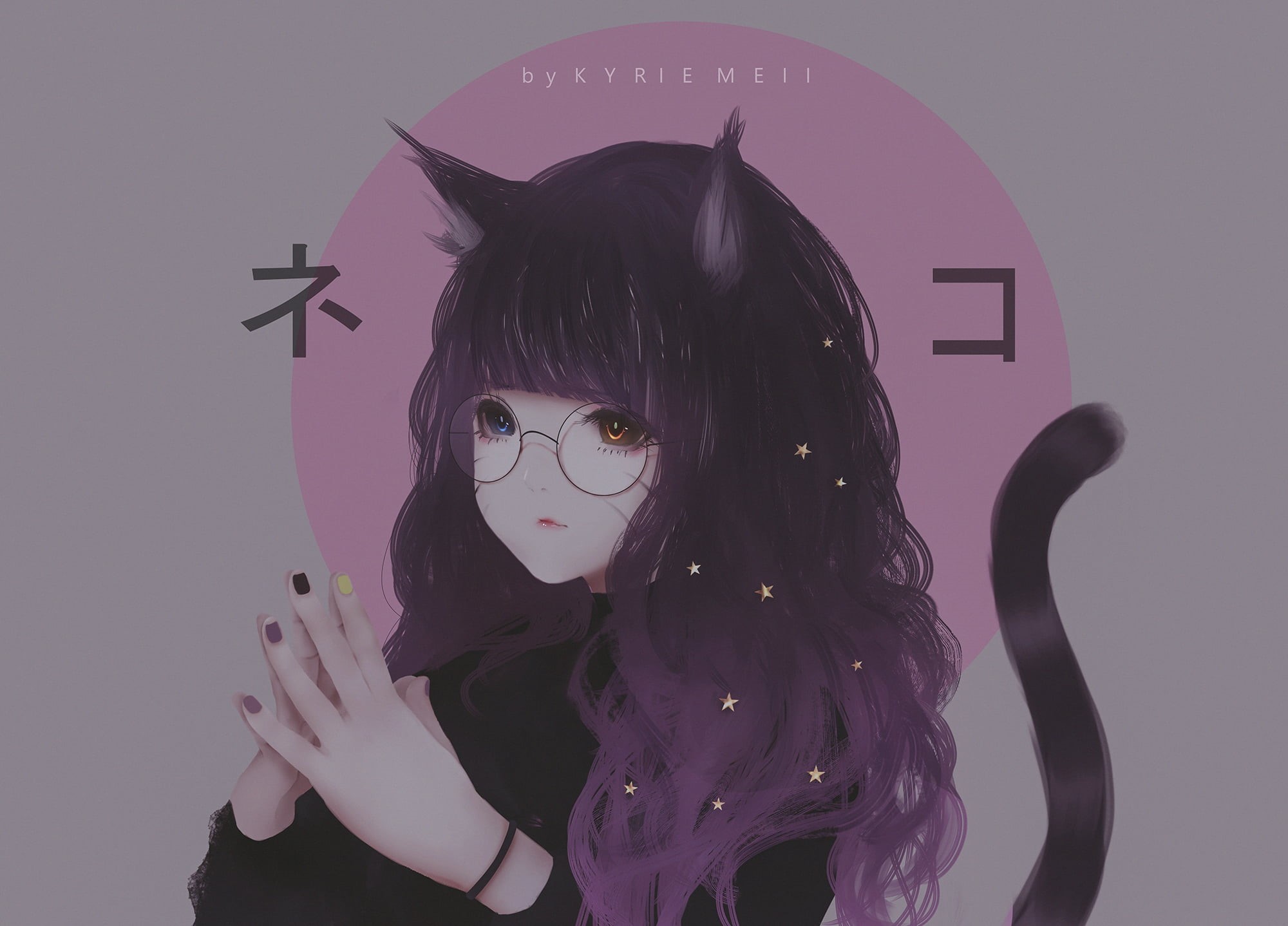 face, 1080P, tail, purple hair, simple background, Kyrie Meii, gray background, anime, anime girls, neko ears, heterochromia, HD Wallpaper