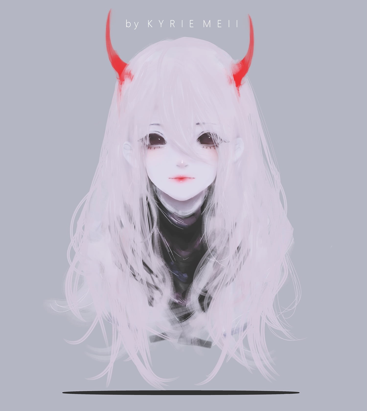 horns, anime, dark eyes, simple background, Kyrie Meii, anime girls, face, 720P, long hair, Phone HD Wallpaper