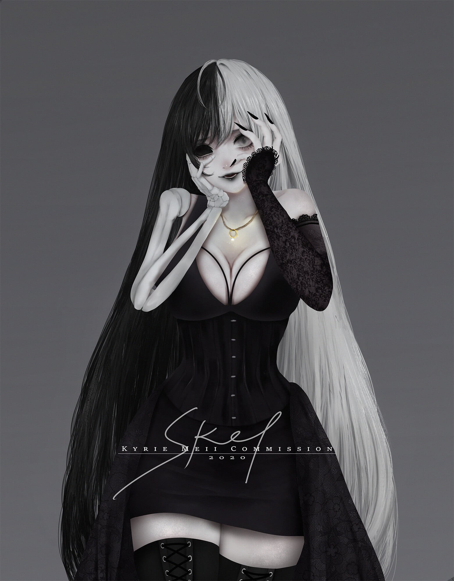 dark hair, light hair, black nails, anime girls, anime, 1080P, Kyrie Meii, black clothing, Black clothes, dark eyes, black hair, black eyes, bones, white, Phone HD Wallpaper