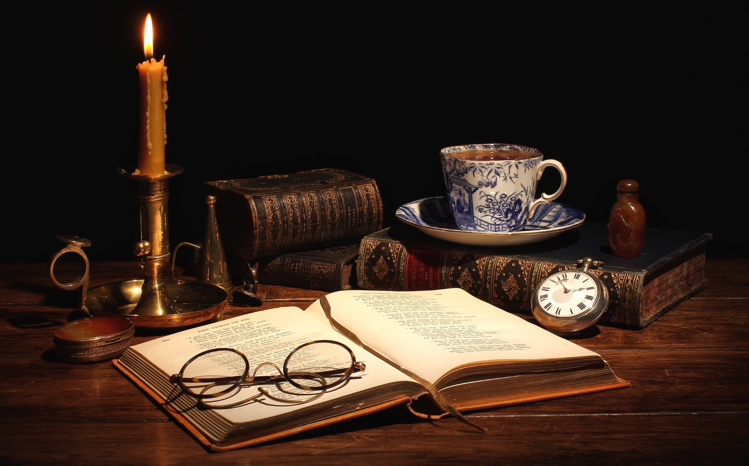 still life, coffee, 1080P, publication, religion, black, tea, round, table, antique, glasses, book, Cup, crockery, burning, indoors, tea cup, wood - material, HD Wallpaper
