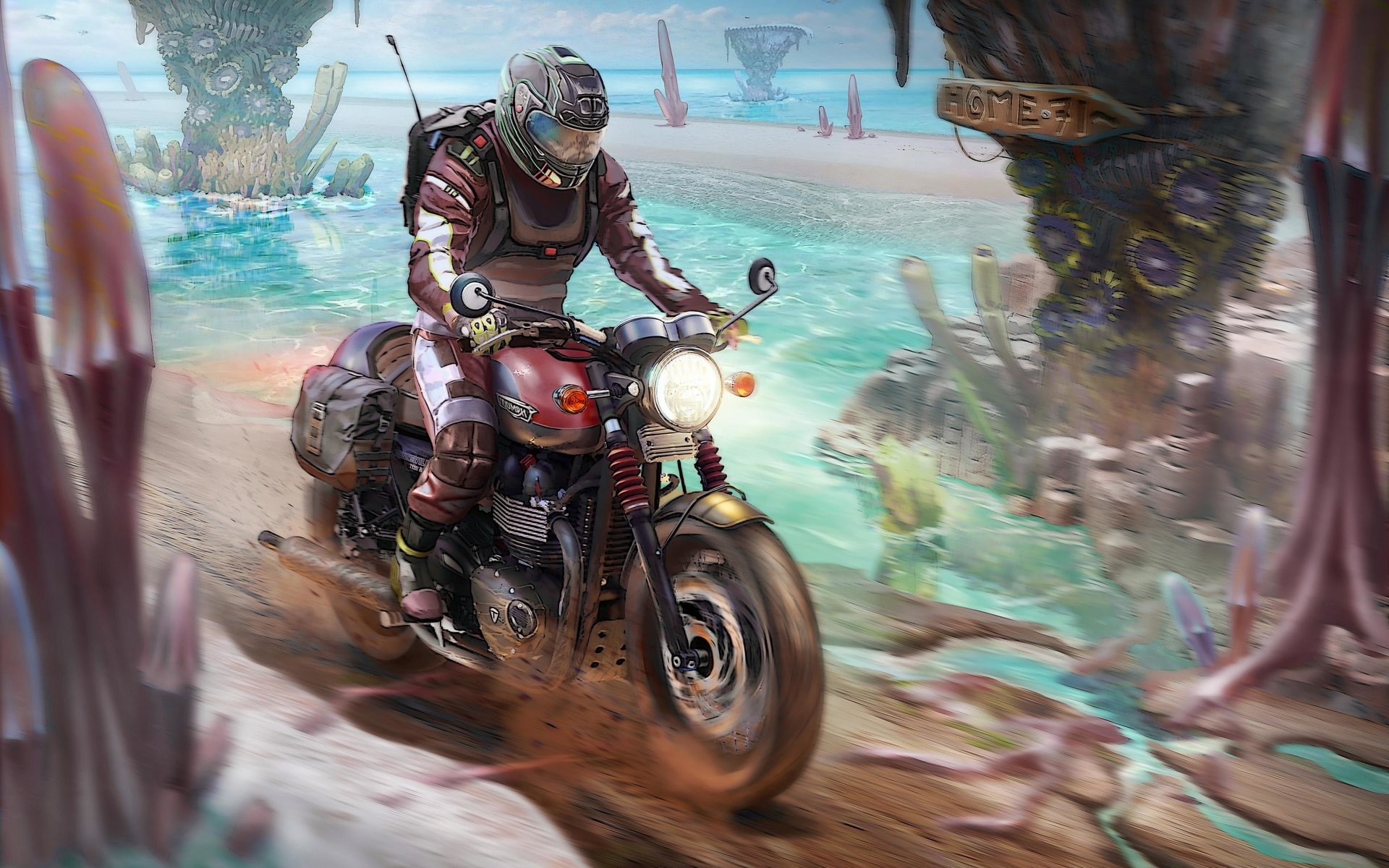 Concept Art, 1080P, Art, Illustratio, Figure, Biker, Motorcycle, Transport, T120 on lagoon world, Lee Oscar Meyer, Transport and Vehicles, by Lee Oscar Meyer, HD Wallpaper