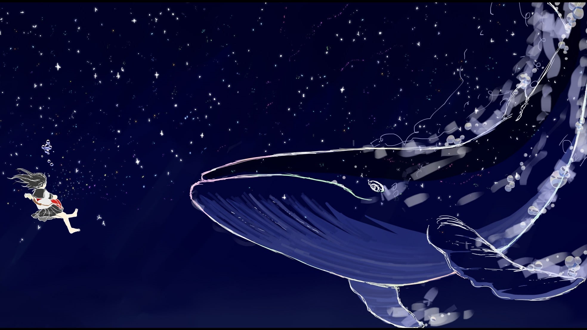 night, nature, star, whale, outdoors, star - space, stars, blue, beauty in nature, motion, reflection, illustration, low angle view, no people, space, 1080P, HD Wallpaper