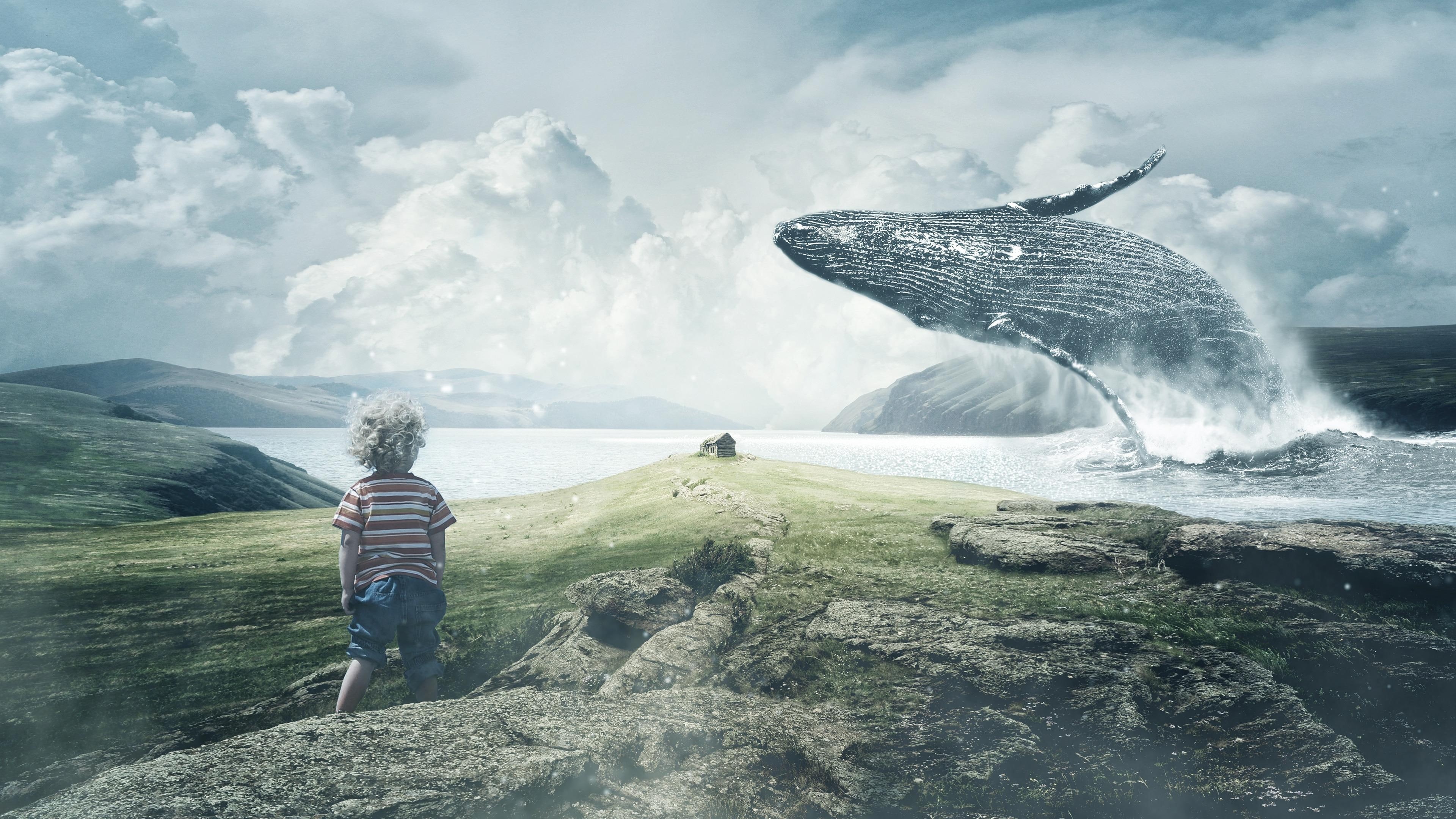 4K, sea, whale, kid, fantasy art, lake, child, HD Wallpaper