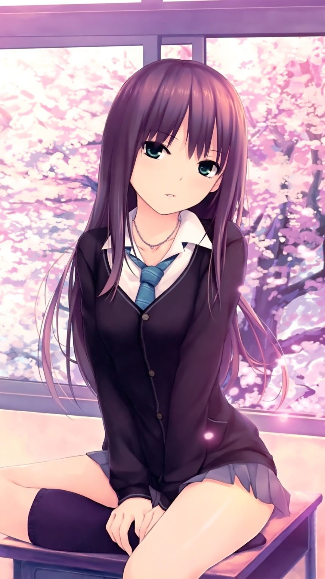 hairstyle, beauty, tie, one person, purple, clothing, manga, beautiful woman, haired, female, lifestyles, indoors, portrait, sitting, anime, Phone HD Wallpaper