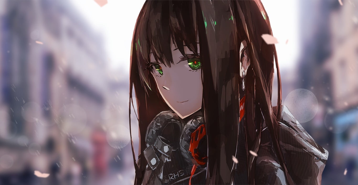 reflection, focus on foreground, standing, headphones, green eyes, women, female, human Face, illustration, haired, leisure activity, headshot, long hair, HD Wallpaper