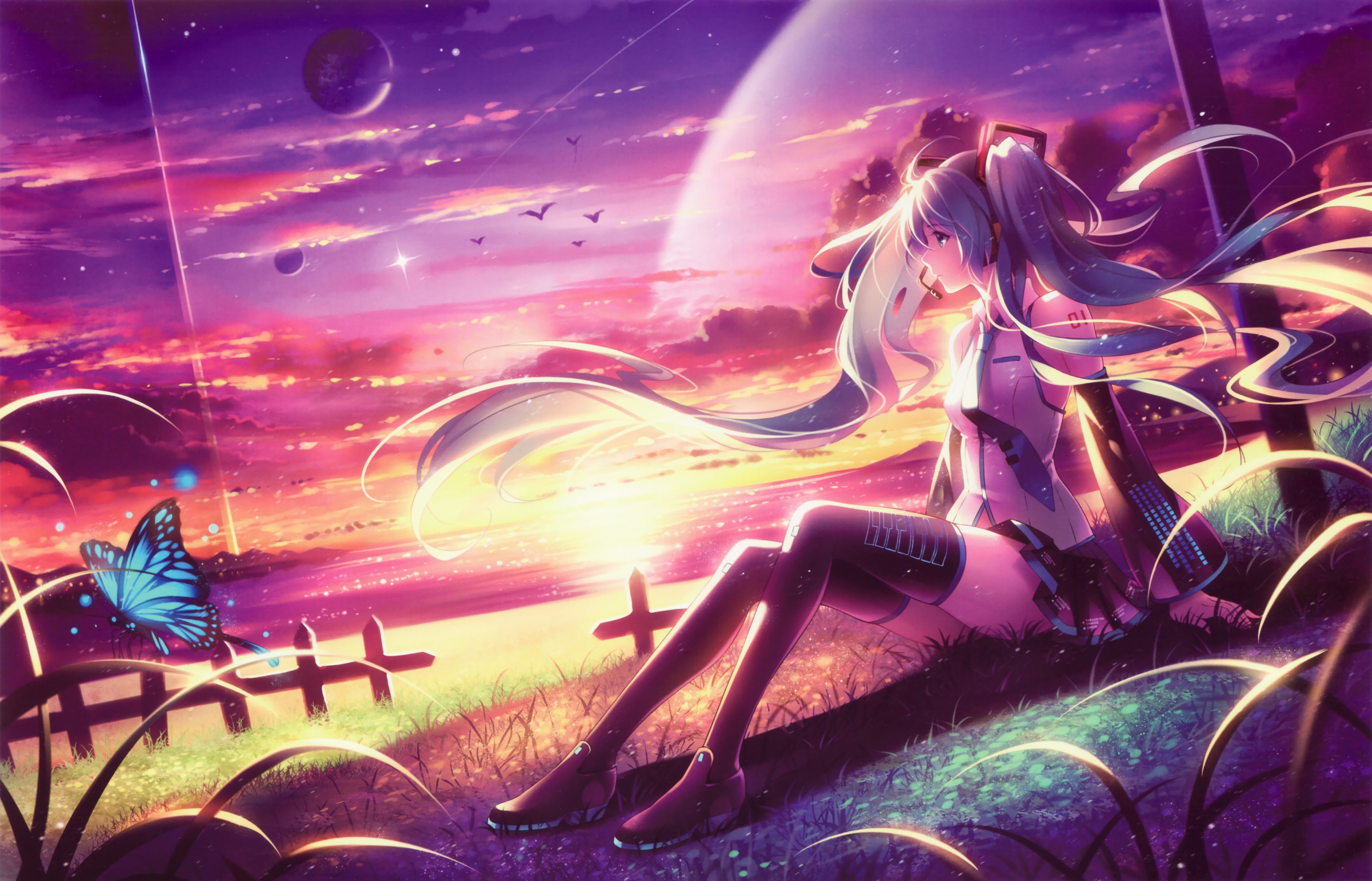 fantasy girl, planet, skirt, headphones, neckties, long hair, butterfly, Hatsune Miku, anime, 2K, twintails, clouds, grass, birds, sea, Vocaloid, thigh-highs, HD Wallpaper