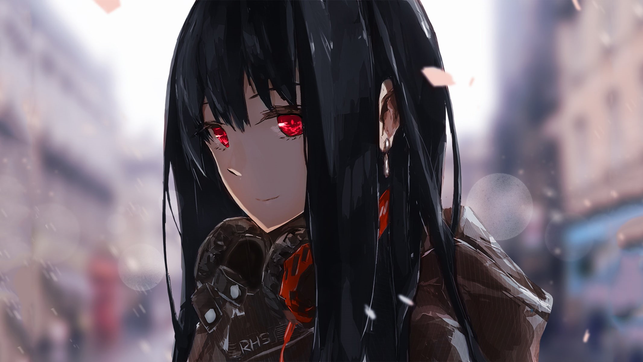 happy, anime, manga, Shibuya Rin, red eyes, 1080P, anime girls, headphones, black hair, HD Wallpaper