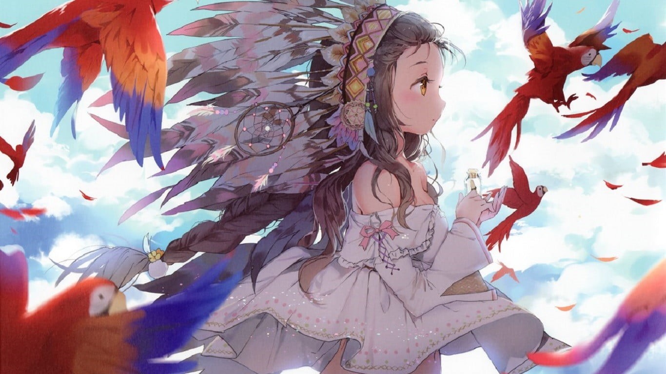 day, leisure activity, girls, illustration, birds, white, character, scarf, macaws, women, brunette, one person, childhood, wind, 720P, lifestyles, haired, HD Wallpaper