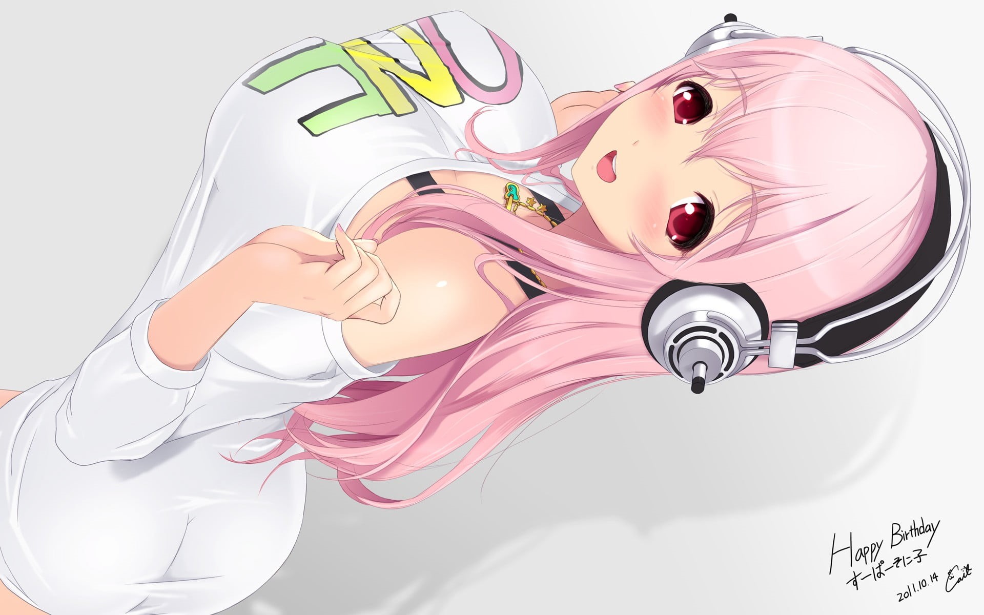 close-up, indoors, Nitroplus, women, long hair, toy, pink hair, females, bangs, headphones, art and craft, open mouth, childhood, Super Sonico, white background, HD Wallpaper