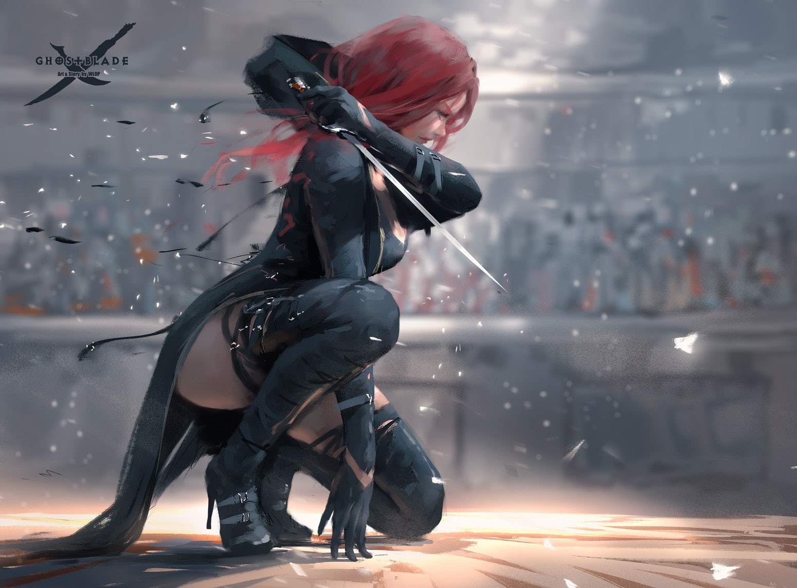 thigh-highs, heels, black dress, realistic, WLOP, 720P, redhead, Ghostblade, HD Wallpaper