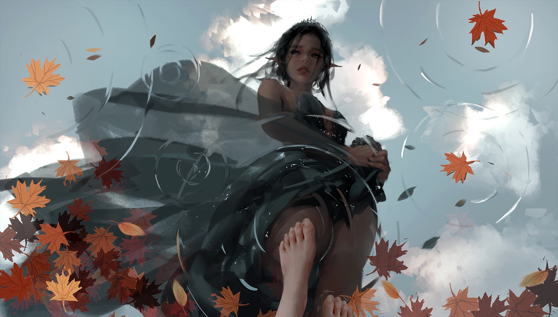 720P, fall, Yan Haiqin, reflection, feet, Ghostblade, women, water drops, WLOP, yellow leaves, HD Wallpaper