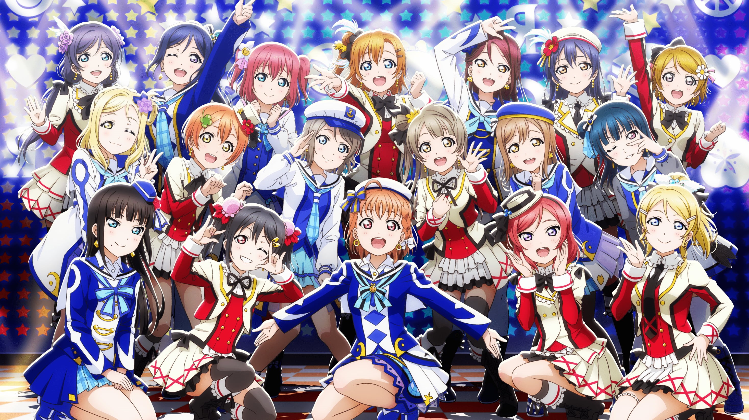 Love Live! Sunshine, anime girls, Love Live!, 2K, blue background, HD Wallpaper