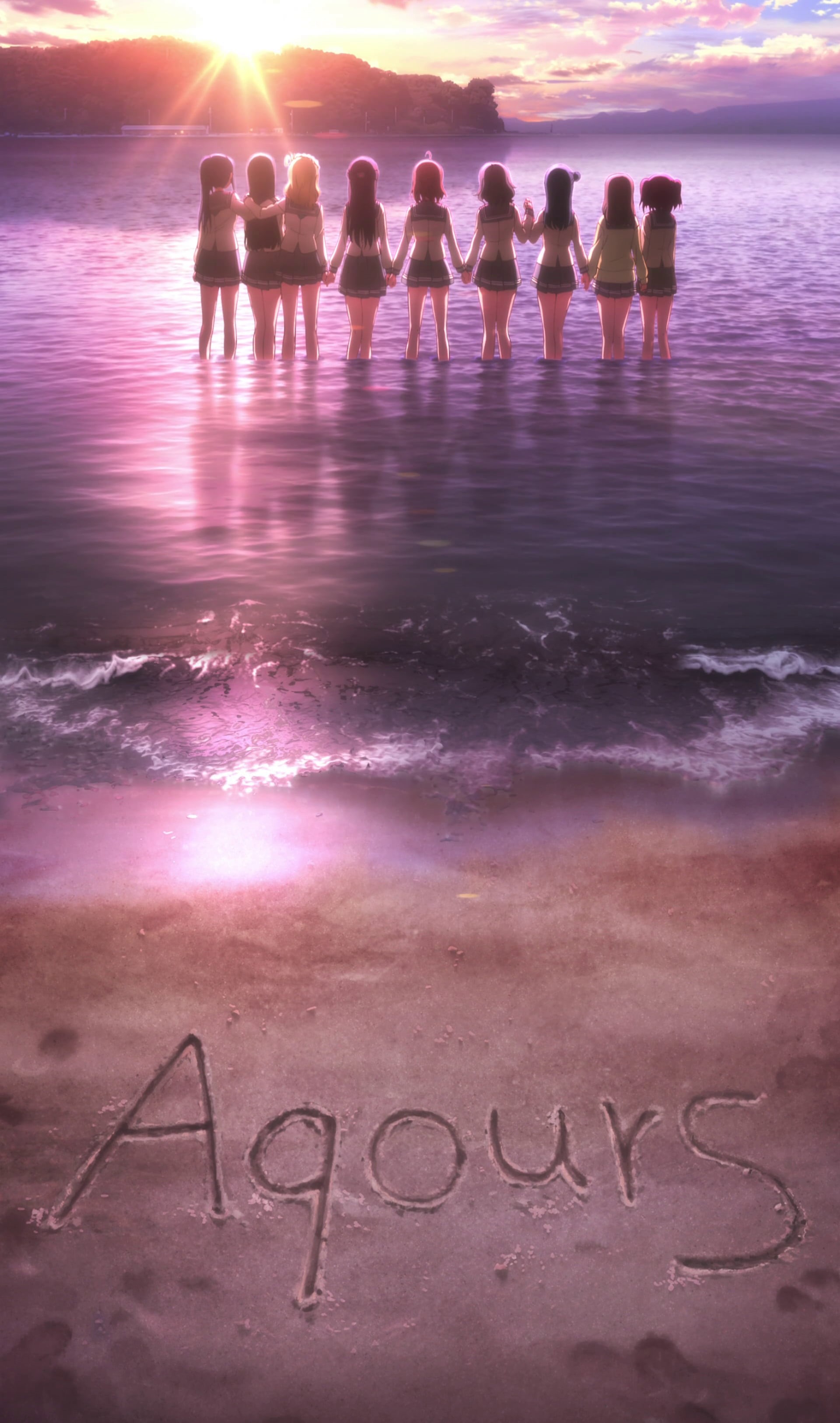 Love Live! Sunshine, sunlight, 2K, anime, beach, anime girls, holding hands, Phone HD Wallpaper