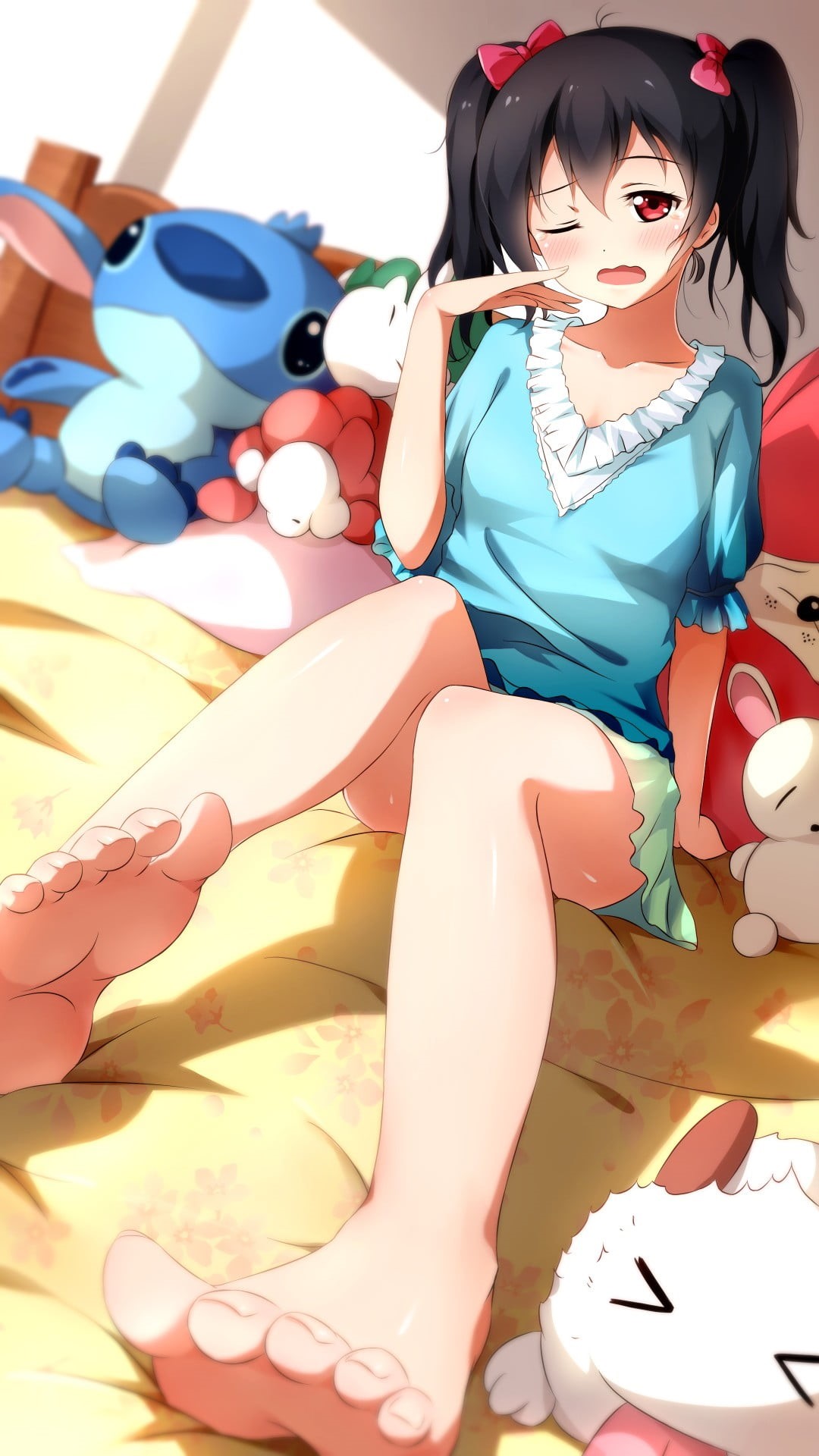 1080P, beautiful woman, in bed, legs, Lilo and Stitch, barefoot, females, multi colored, indoors, sitting, one person, hair, hairstyle, women, Phone HD Wallpaper