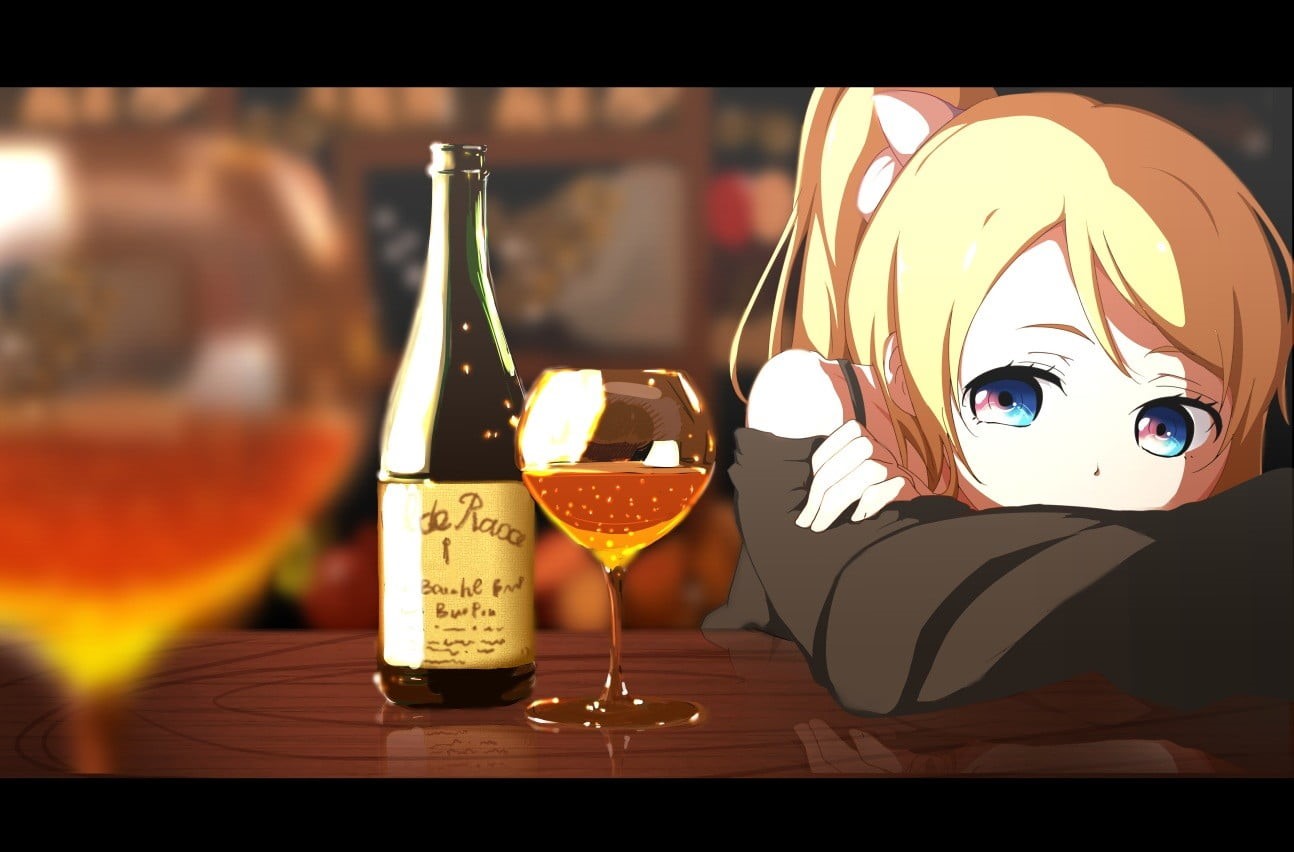 cocktail, transfer print, Love Live!, one person, character, focus on foreground, wineglass, female, alcohol, wine, food and drink, drinking glass, restaurant, HD Wallpaper