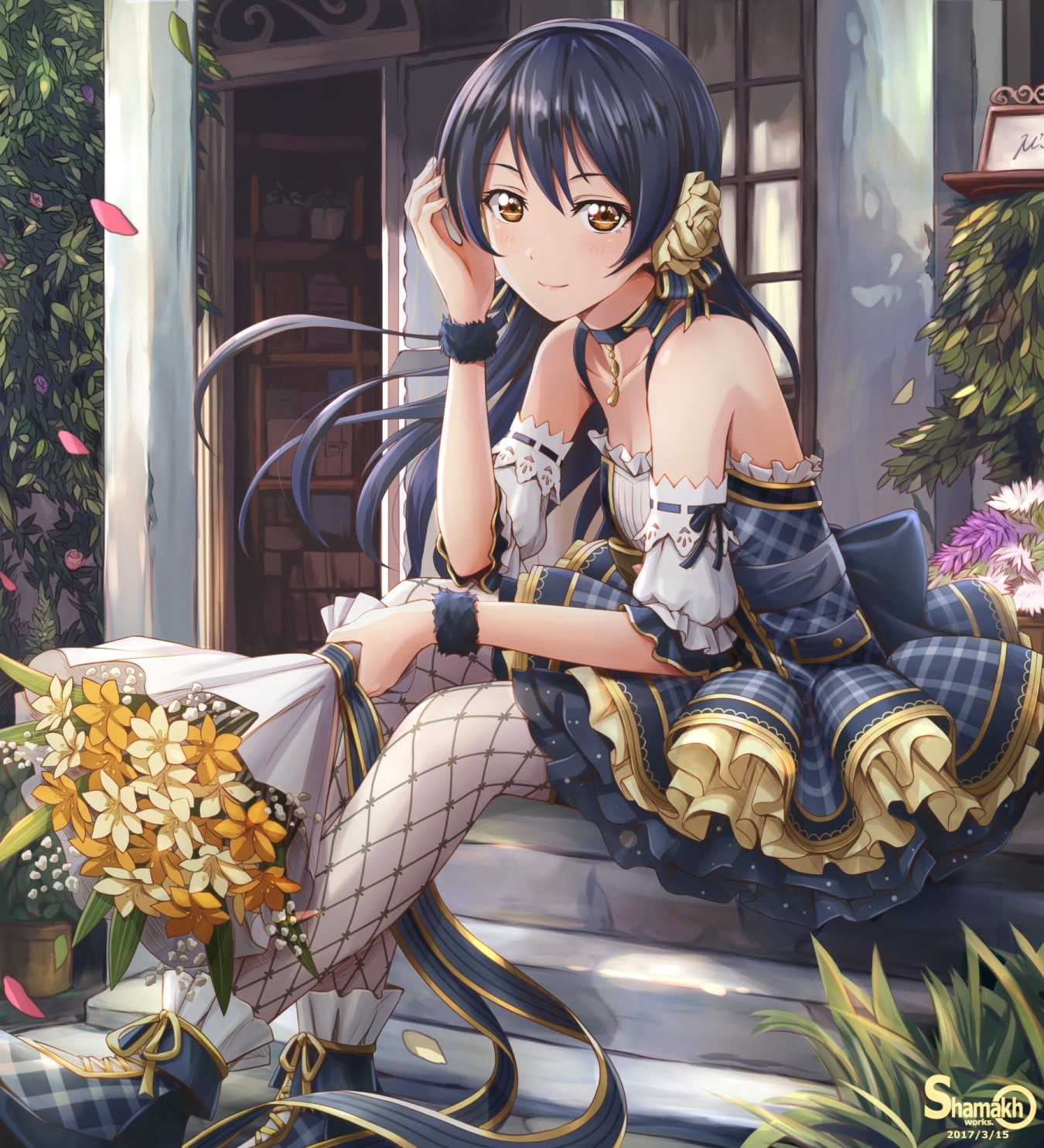 representation, female likeness, women, 720P, Sonoda Umi, females, sitting, young adult, hairstyle, beautiful woman, nature, looking at camera, Love Live!, Phone HD Wallpaper
