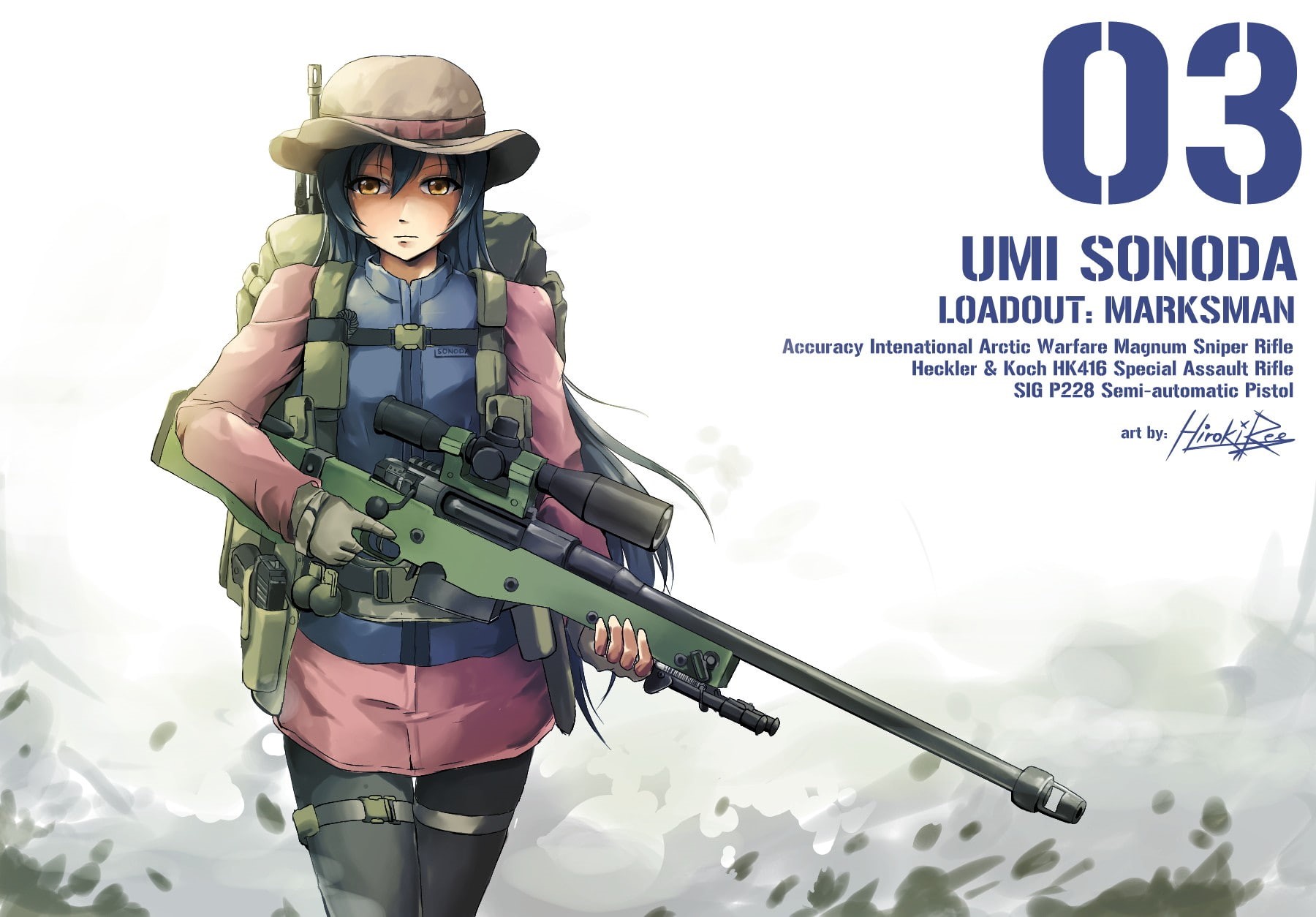 military, text, real people, clothing, long hair, day, anime, security, protection, uniform, front view, sniper rifle, 720P, Sonoda Umi, yellow eyes, hat, HD Wallpaper