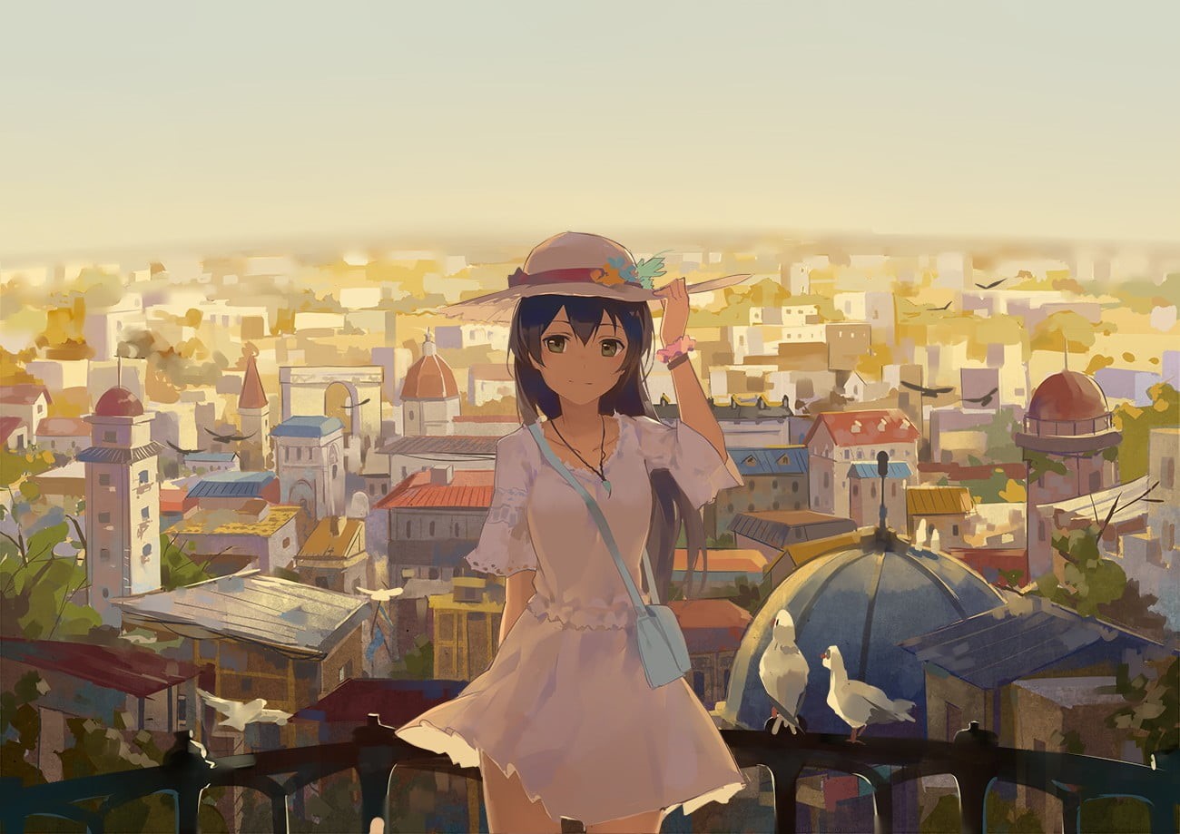 cityscape, sky, women, real people, fashion, architecture, beauty, young women, beautiful woman, outdoors, 720P, hat, Love Live!, lifestyles, Sonoda Umi, HD Wallpaper