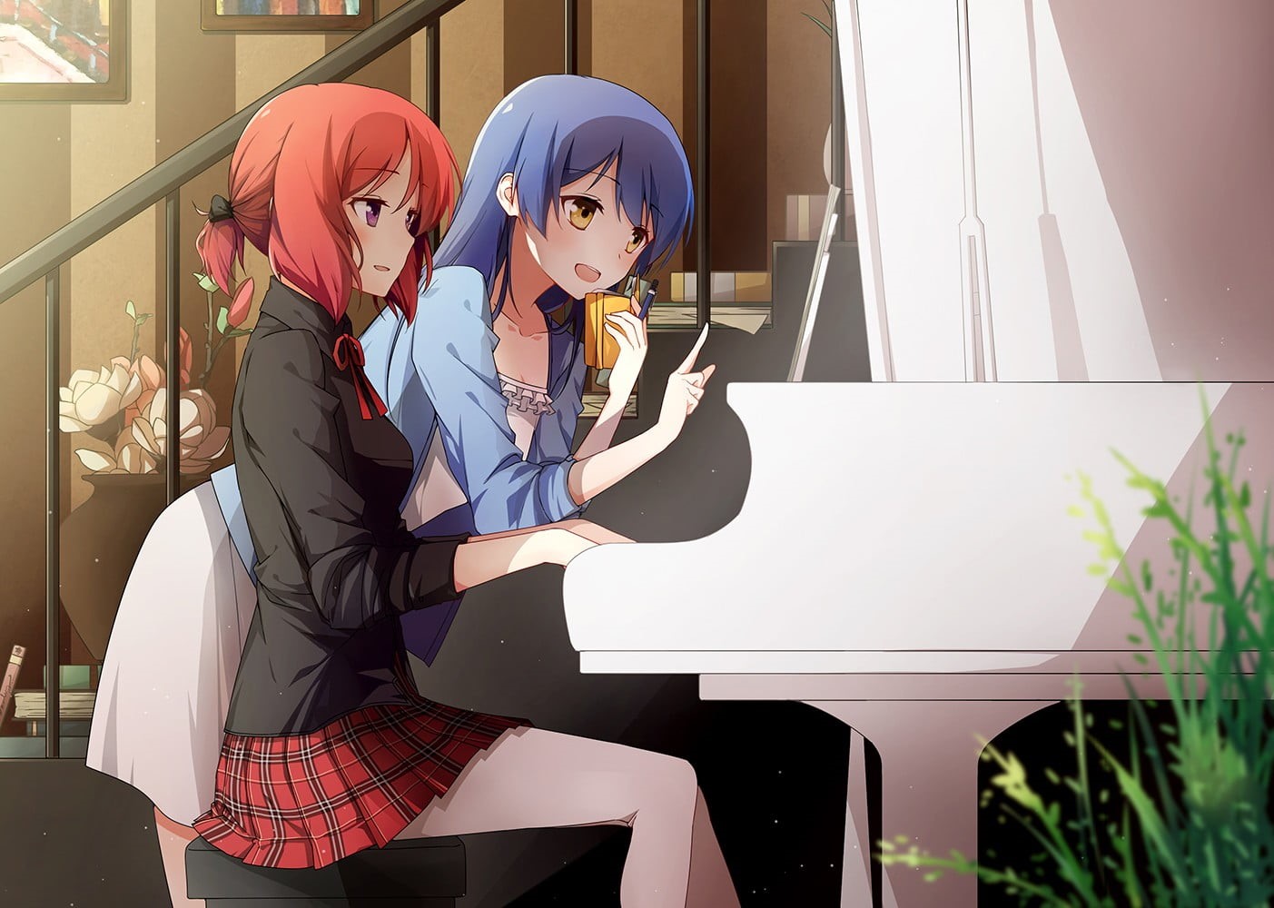 young women, technology, sitting, sunlight, young adult, three quarter length, real people, piano, anime girls, day, one person, communication, school uniform, HD Wallpaper