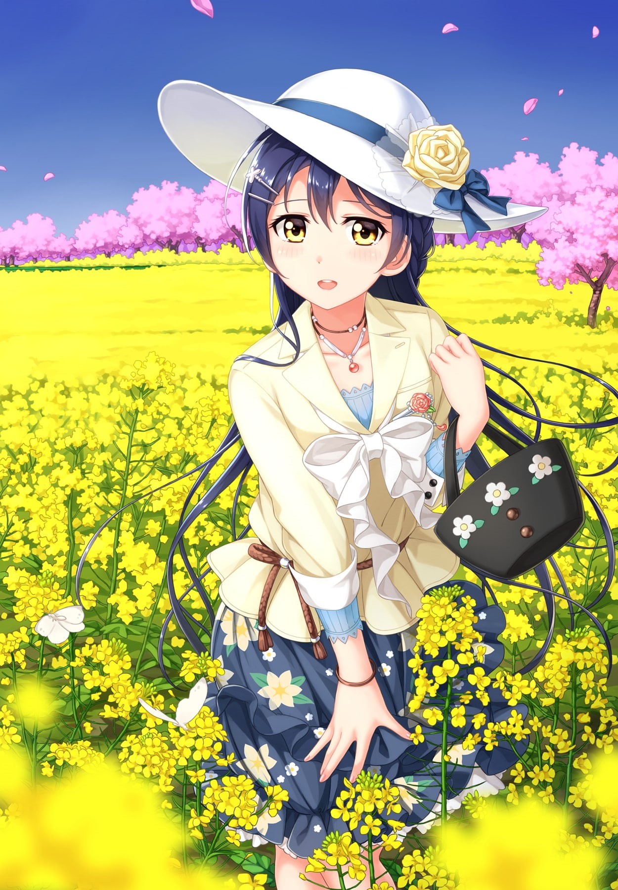 field, anime girls, Love Live!, flowers, 720P, outdoors, anime, Sonoda Umi, hat, Phone HD Wallpaper