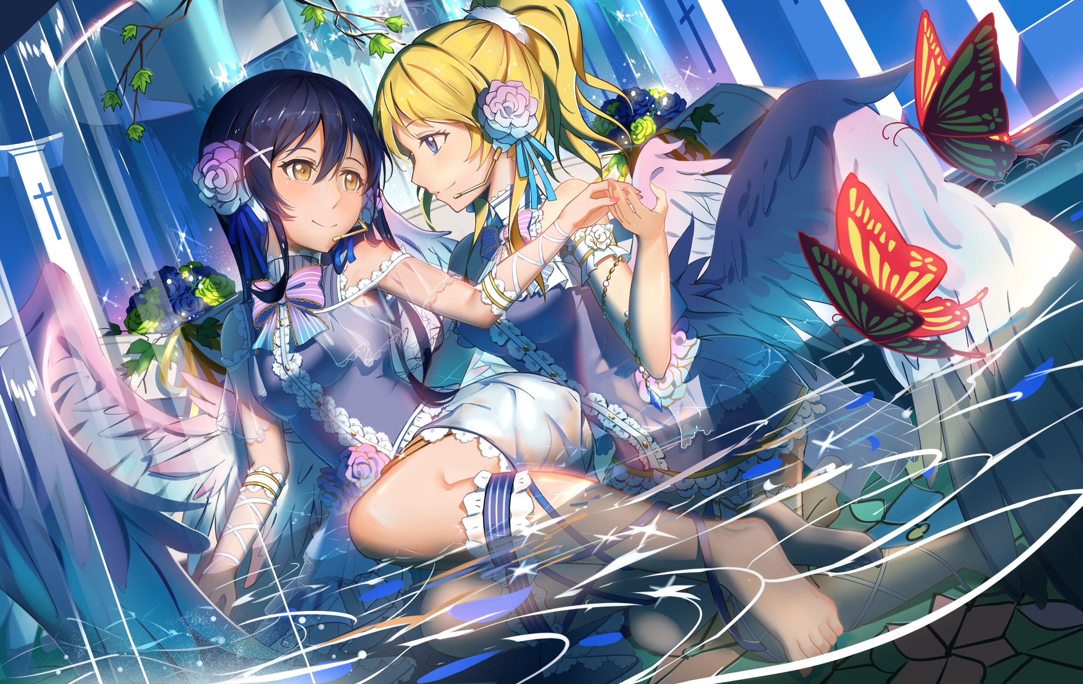 Love Live!, leisure activity, young adult, blonde, sitting, full length, two people, smiling, indoors, togetherness, enjoyment, people, long hair, anime girls, HD Wallpaper