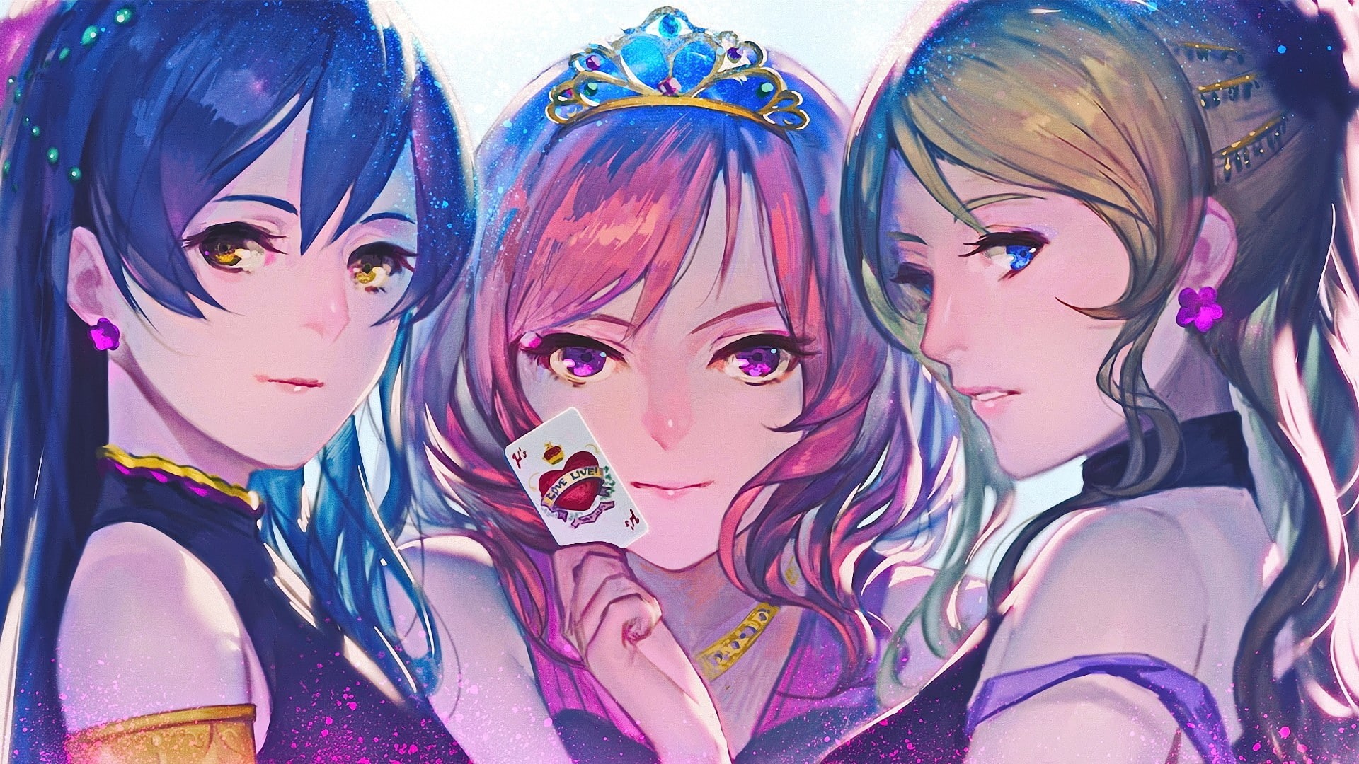 Nishikino Maki, looking at viewer, blue eyes, 1080P, pink hair, Love Live!, anime girls, Ayase Eri, long hair, Sonoda Umi, anime, smiling, HD Wallpaper