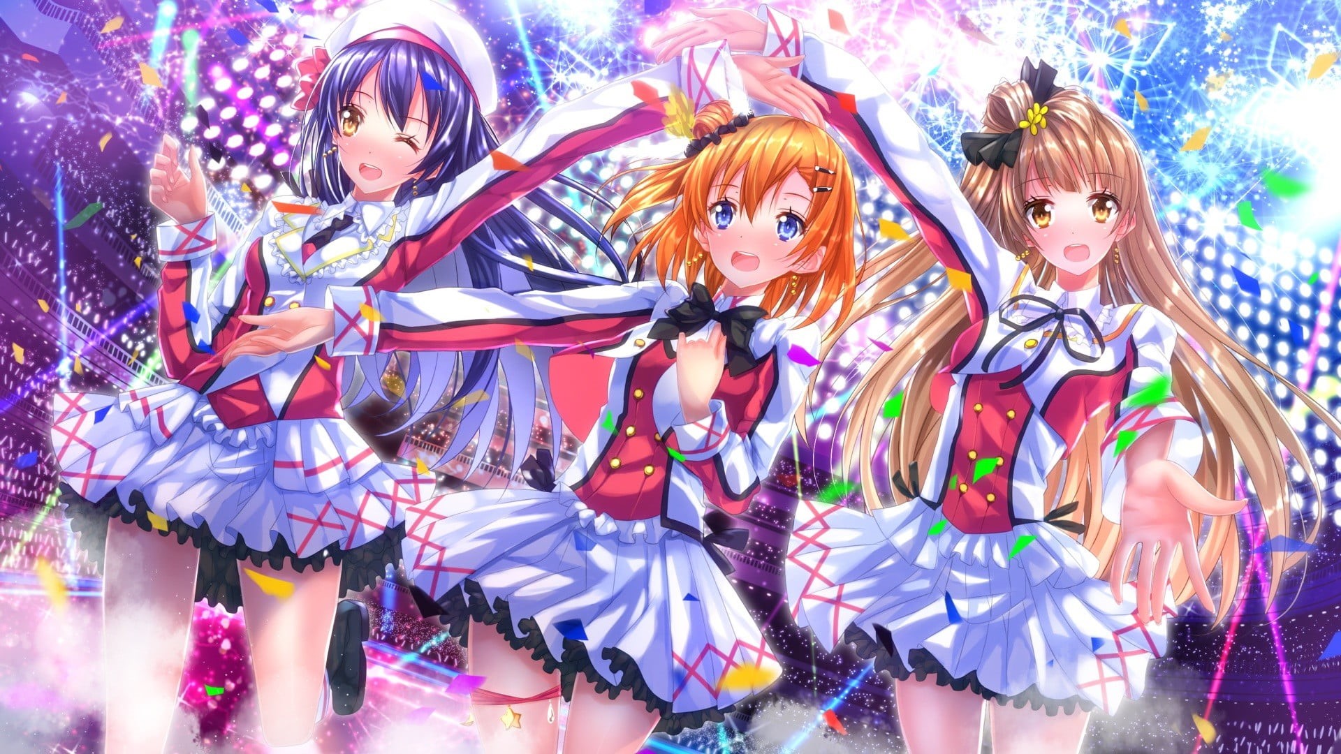young women, women, multi colored, looking at camera, 1080P, Kousaka Honoka, clothing, anime girls, beauty, portrait, disco dancing, Love Live!, arts culture and entertainment, HD Wallpaper
