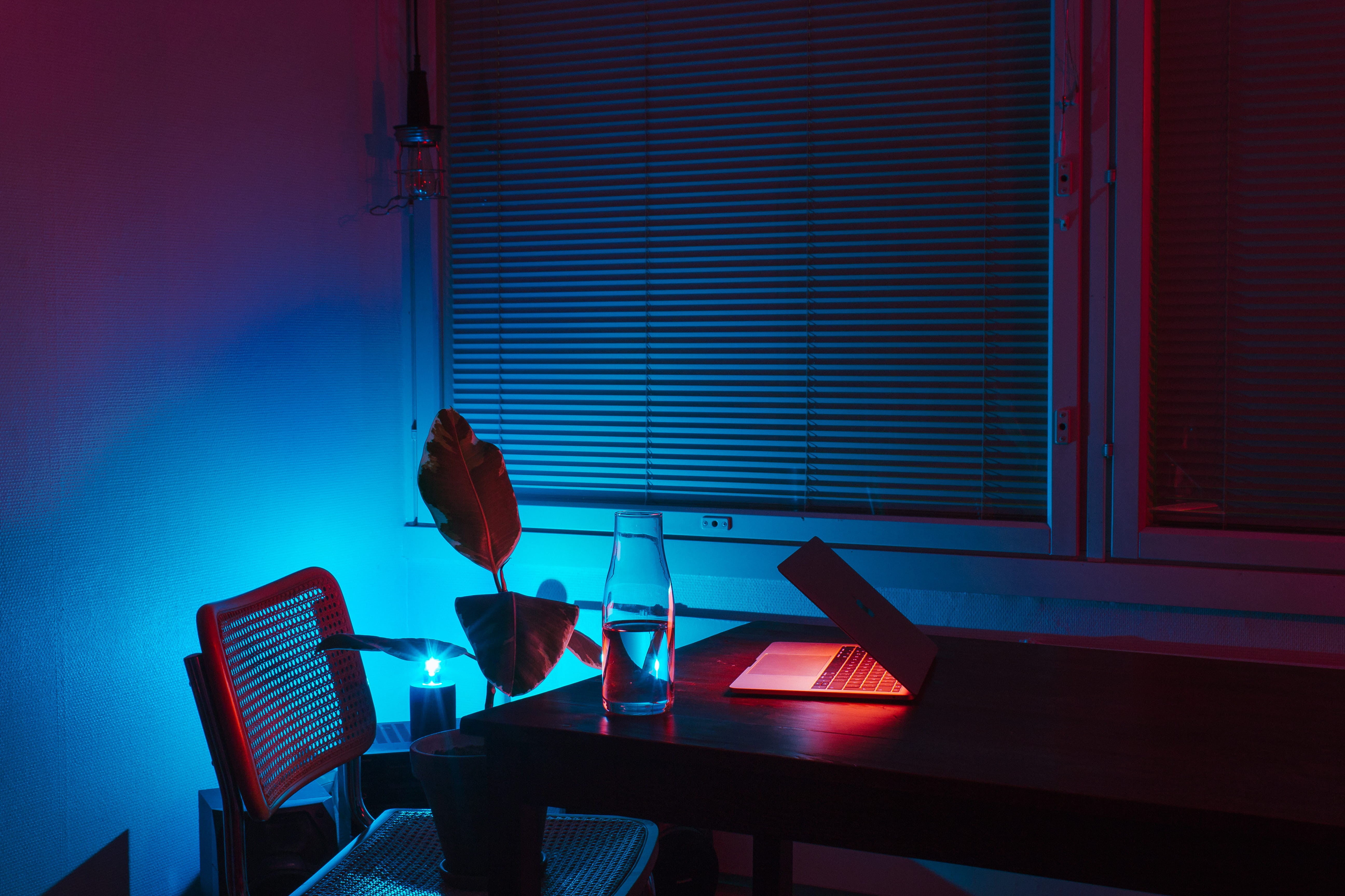 mac book, office, technology, dark, lights, wireless technology, table, home interior, one person, connection, blue light, night, seat, laptop, aesthetic, HD Wallpaper