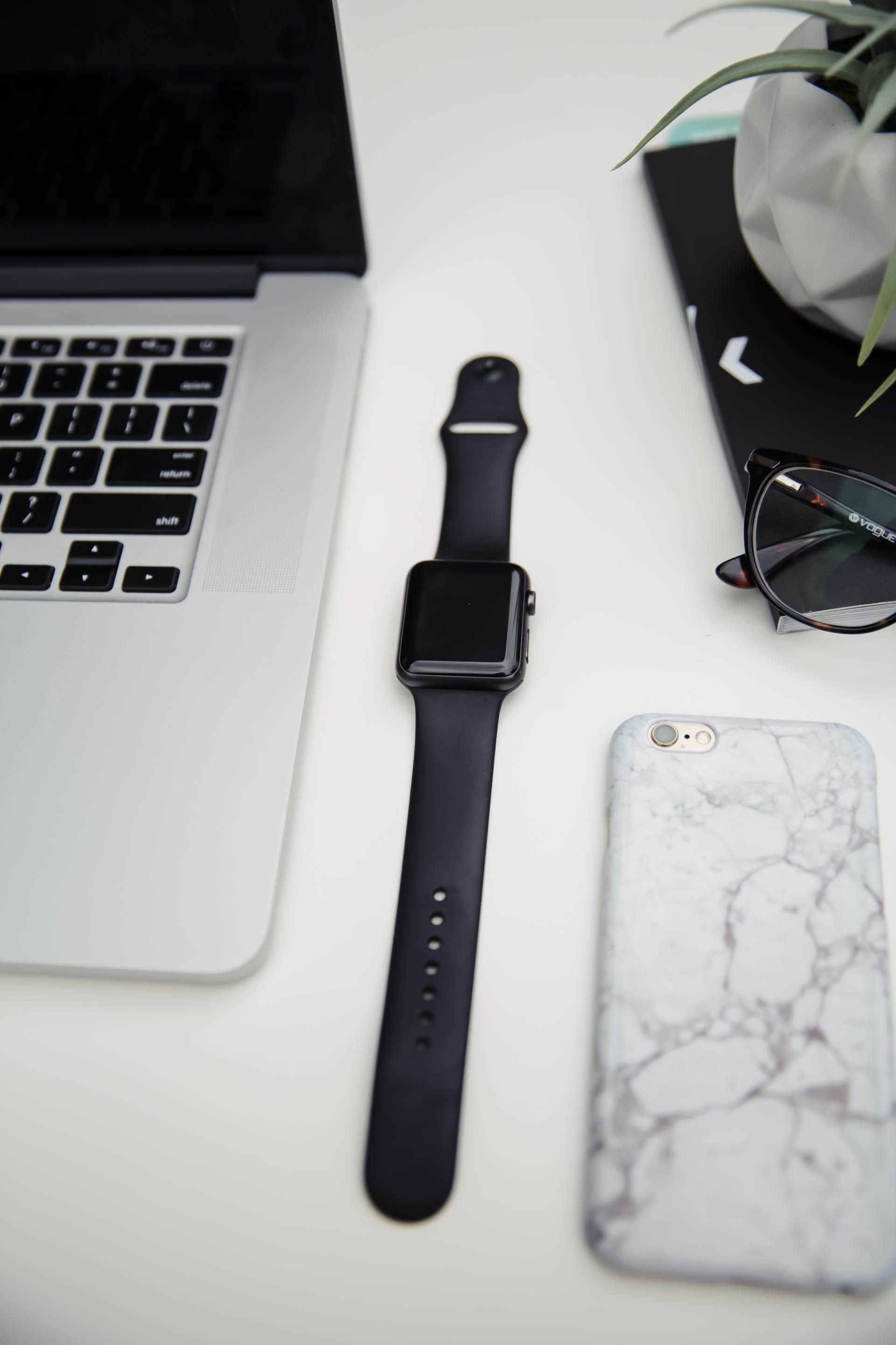 black, office, desk, indoors, close-up, pen, phone, suwanee, glasses, technology, writing instrument, still life, iphone, watch, succulent, white background, Phone HD Wallpaper