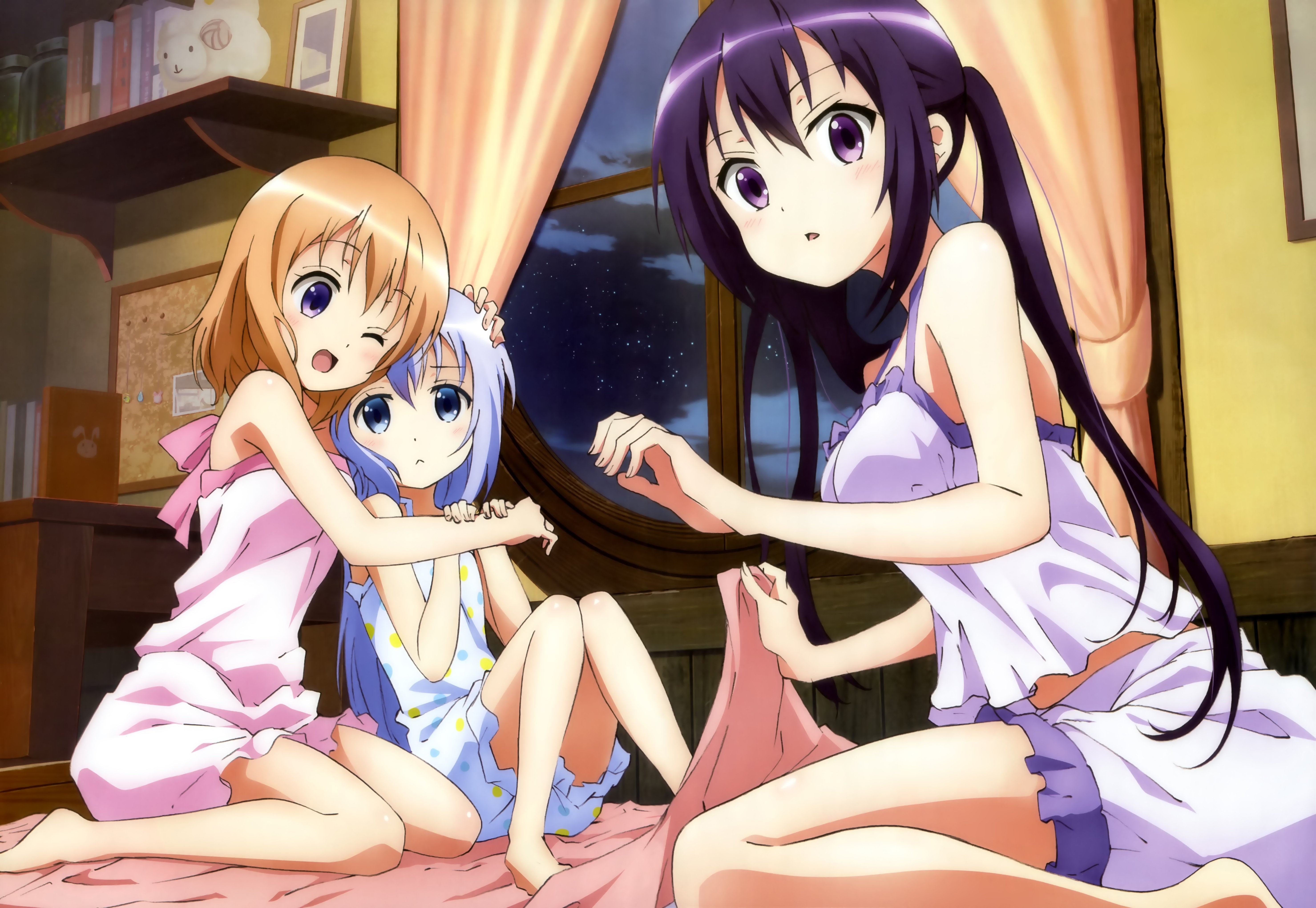 5K, rize, tedeza, hoto, kokoa, toya, kento, desu, chino, scan, pajamas, kafuu, usagi, megami, gochuumon, HD Wallpaper