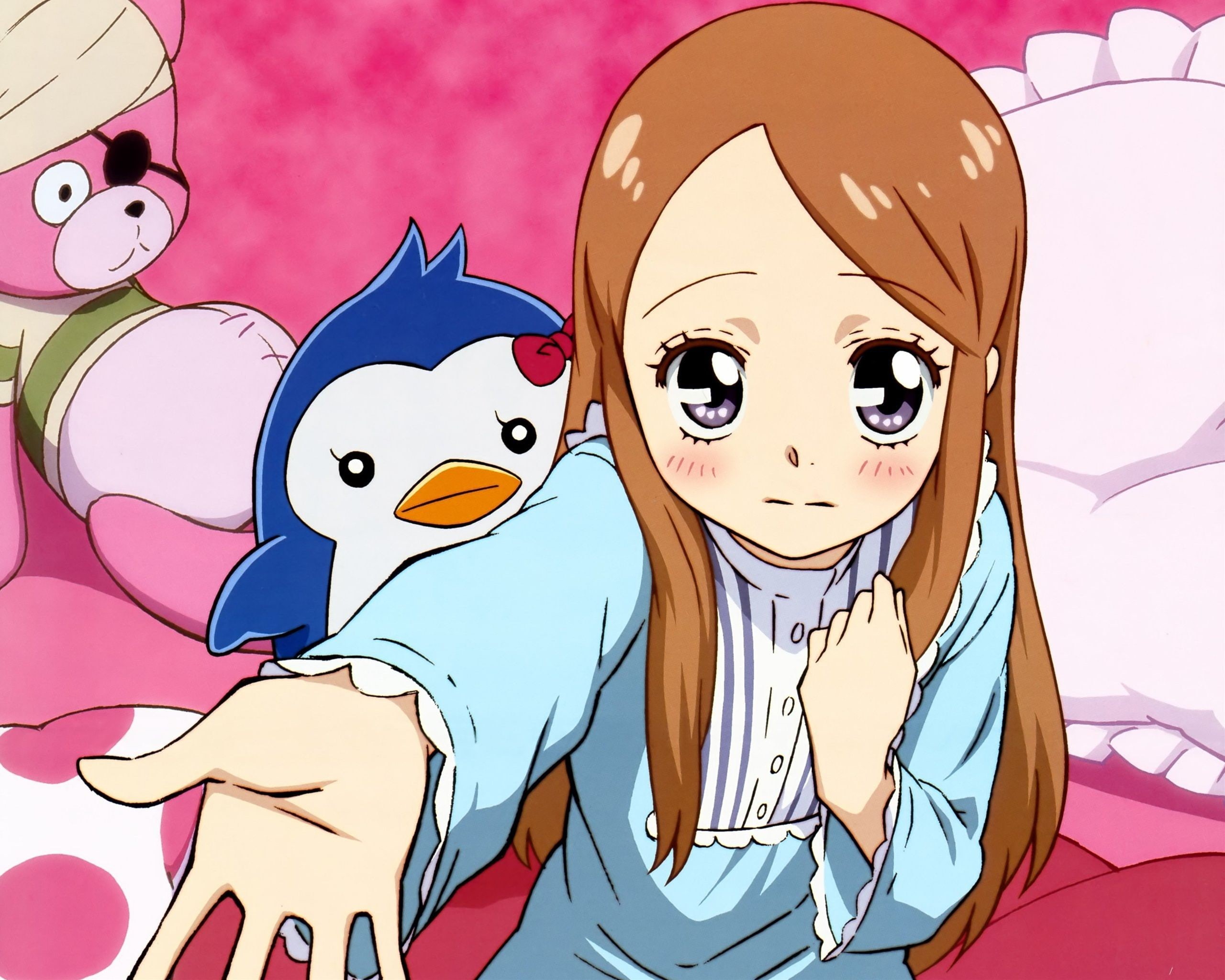 takakura, 2K, mawaru, animals, anime, stuffed, girls, eyes, purple, himari, pajamas, pillows, penguindrum, penguins, brunettes, HD Wallpaper