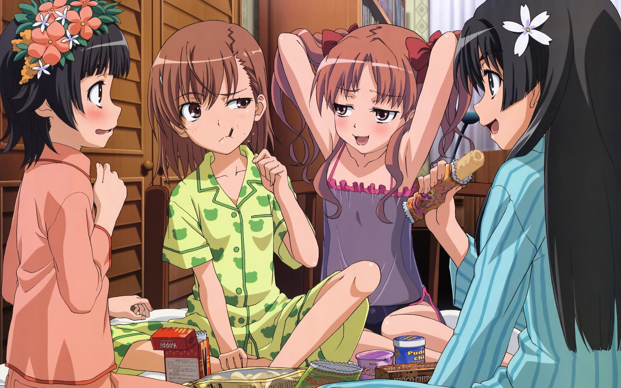 railgun, saten, kazari, 2K, aru, kagaku, ruiko, food, pajamas, mikoto, kuroko, uiharu, index, shirai, misaka, majutsu, HD Wallpaper