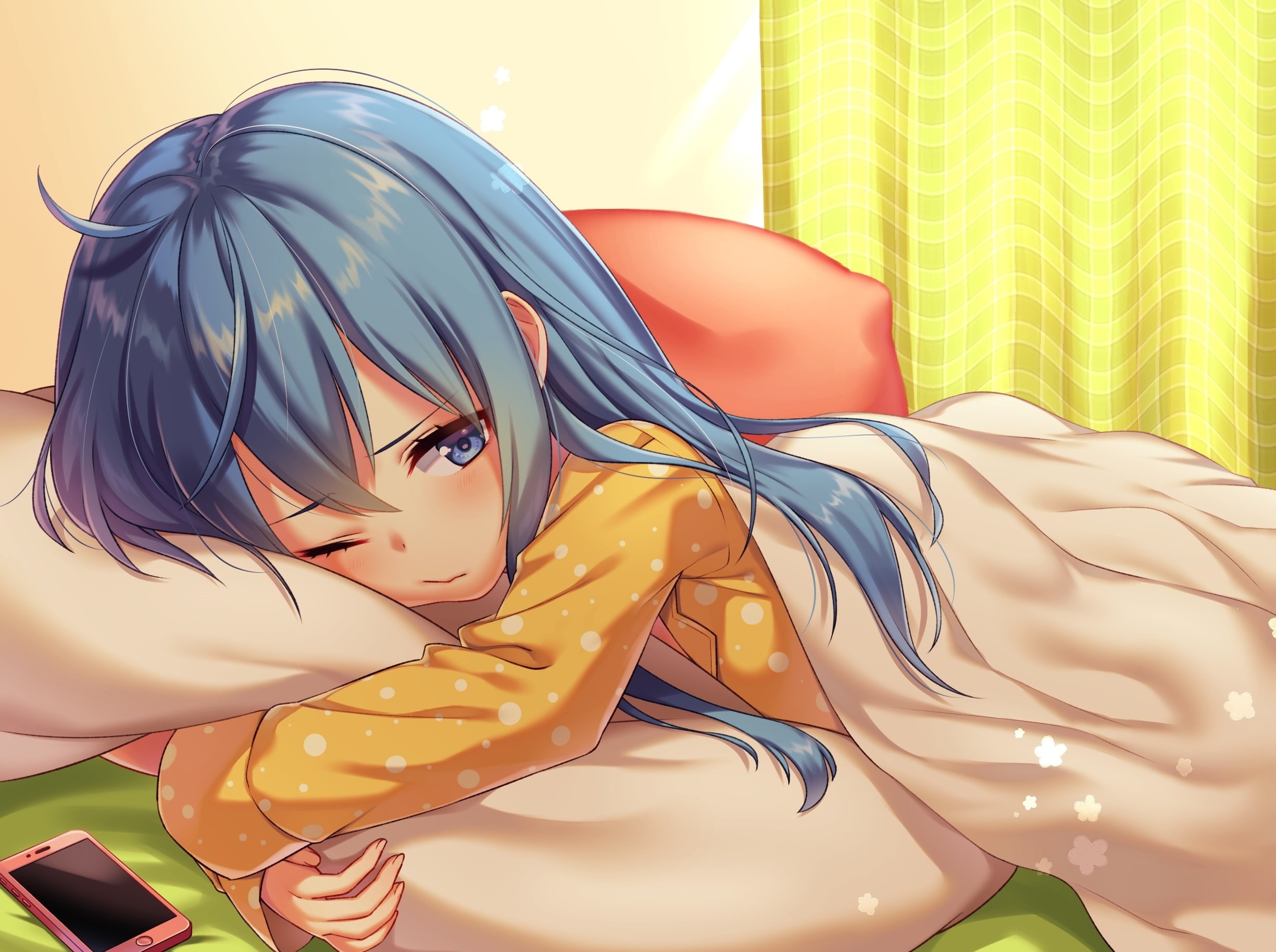 portrait, pattern, young adult, day, indoors, pajamas, clothing, blue hair, multi colored, real people, young women, representation, Anime, close-up, 1080P, HD Wallpaper