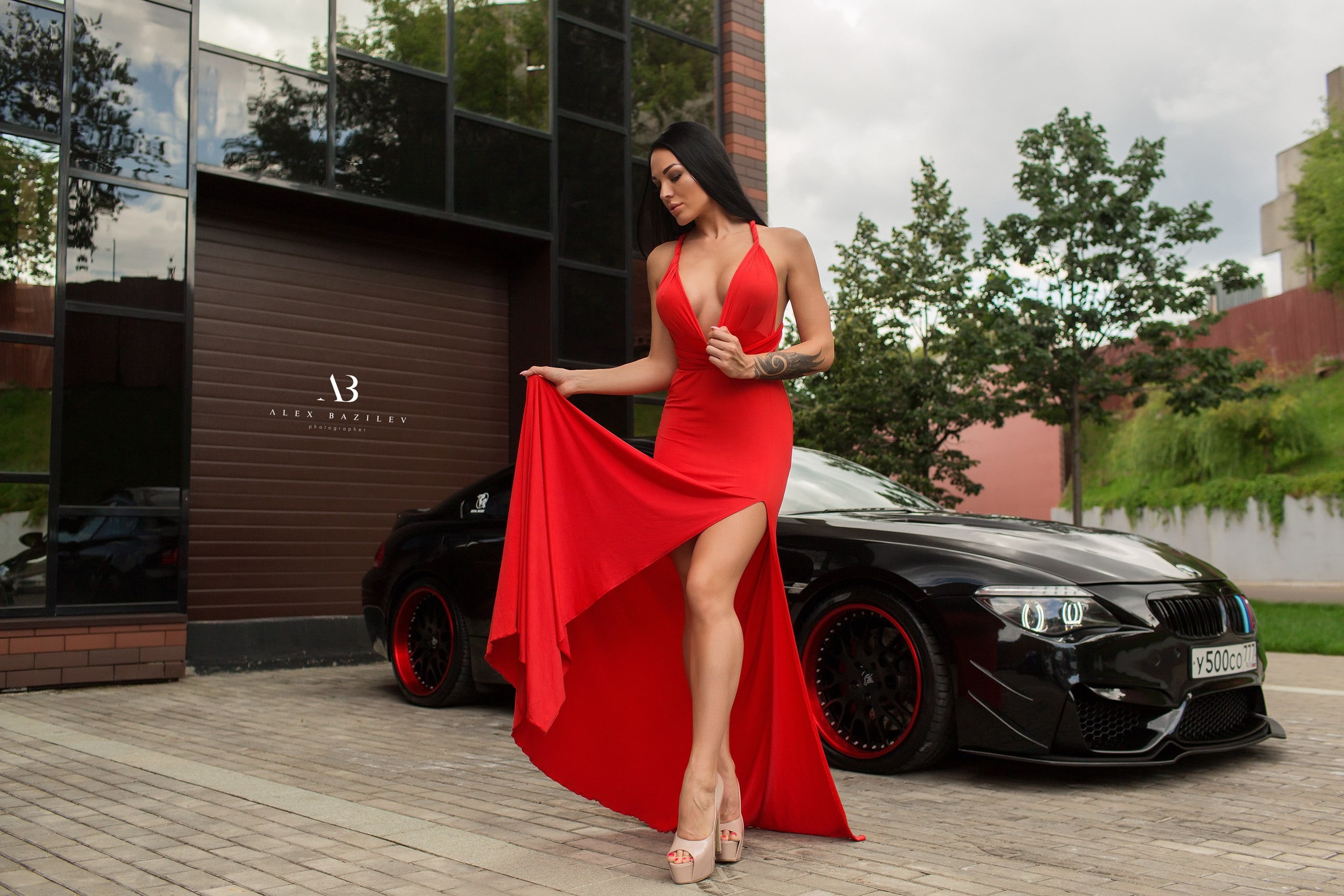 Alex Bazilev, adult, day, full length, one person, Oksi Konovalova, tanned, young adult, lifestyles, red, motor vehicle, 2K, real people, outdoors, building exterior, HD Wallpaper