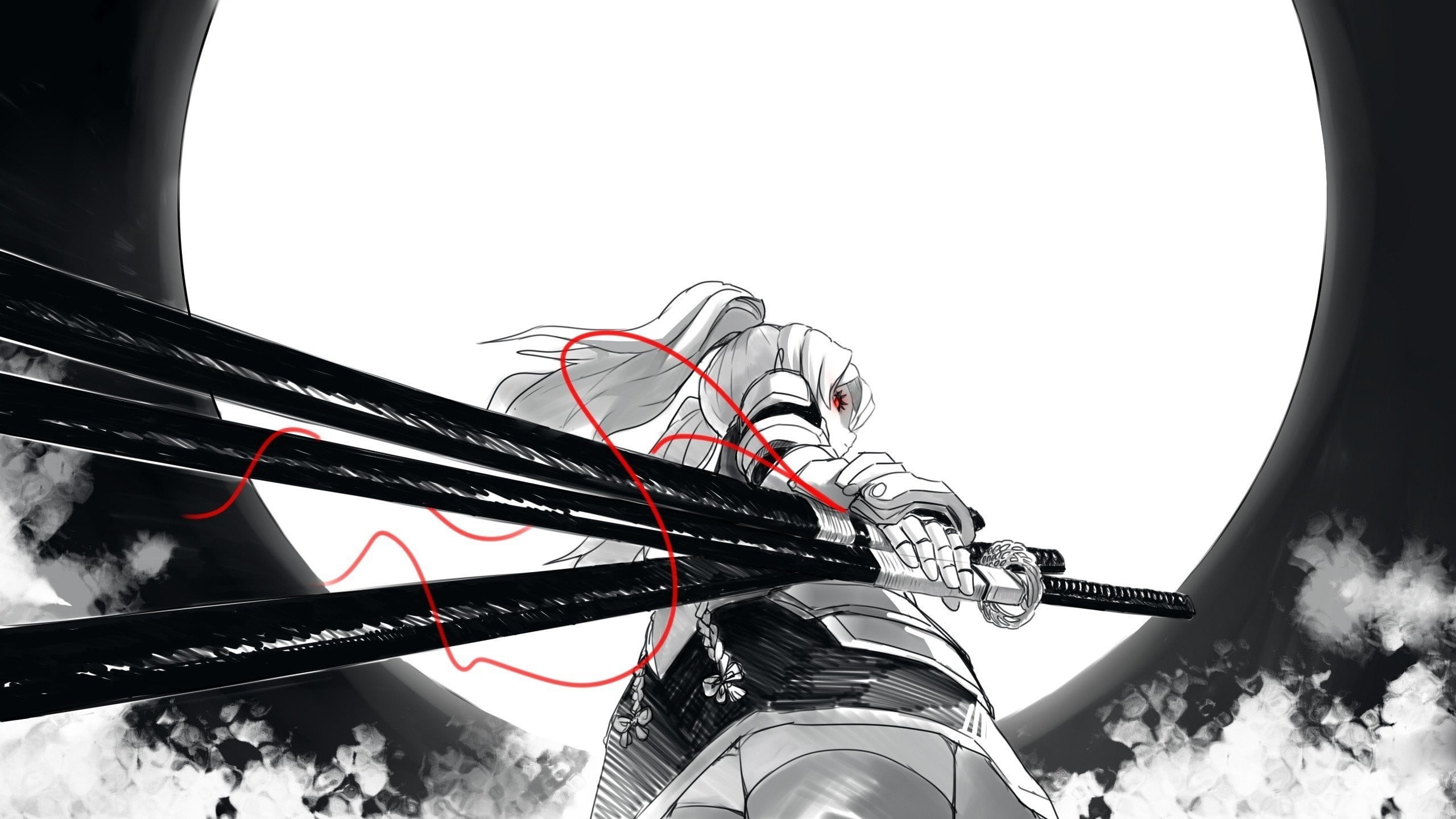 transportation, katana, sword, technology, bicycle, mode of transportation, sky, sport, samurai, built structure, red eyes, wheel, copy space, long hair, HD Wallpaper
