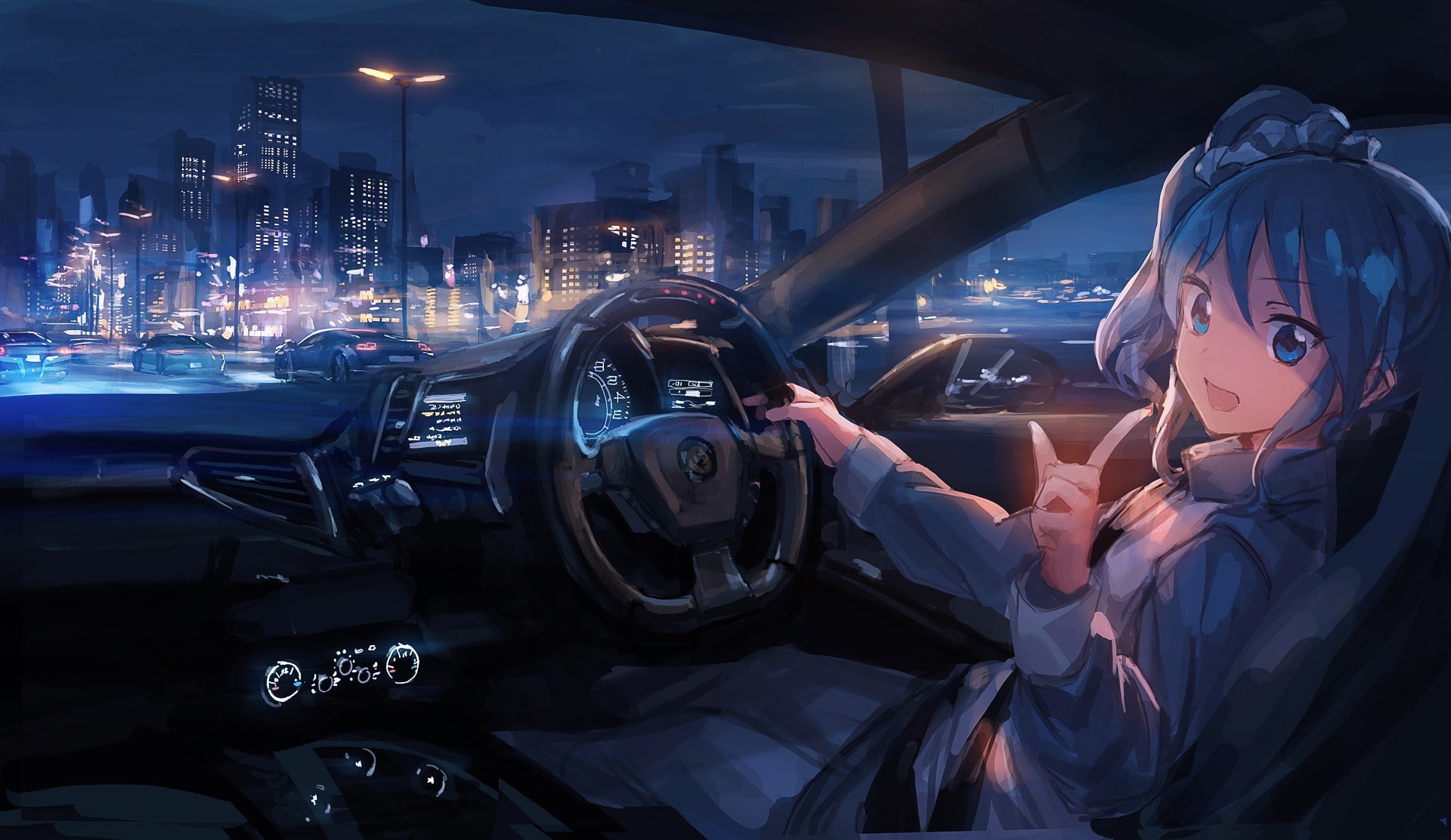 city, architecture, side view, 1080P, anime car city anime girls night ferrari aikatsu, skyscraper, luxury, one person, travel, cityscape, illuminated, HD Wallpaper