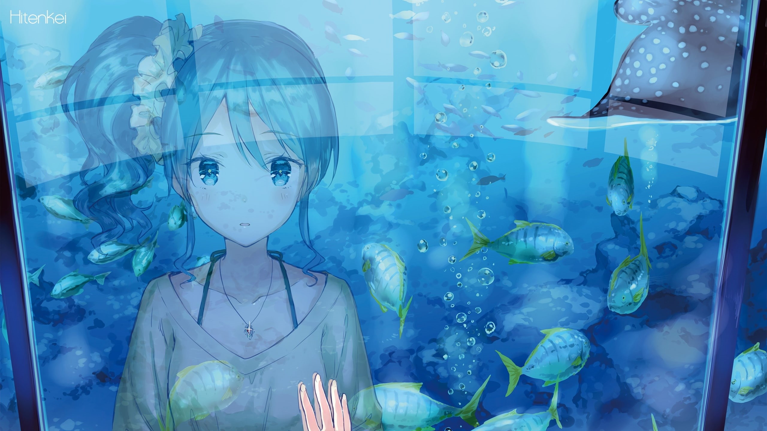 bubbles, aikatsu!, ponytail, watermark, fish, hair, konachan, kiriya, animal, ryu, goane, eyes, hiten, wristwear, water, necklace, 247056, reflection, 2K, HD Wallpaper