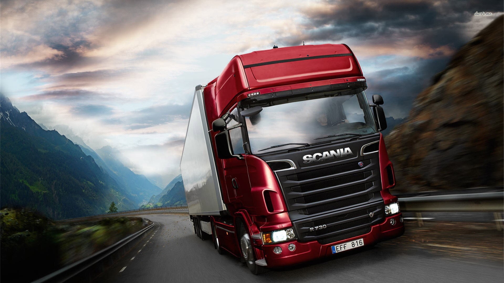 land vehicle, highway, Scania, symbol, transportation, 1080P, on the move, commercial land vehicle, mountain, nature, sky, semi-truck, mode of transportation, HD Wallpaper